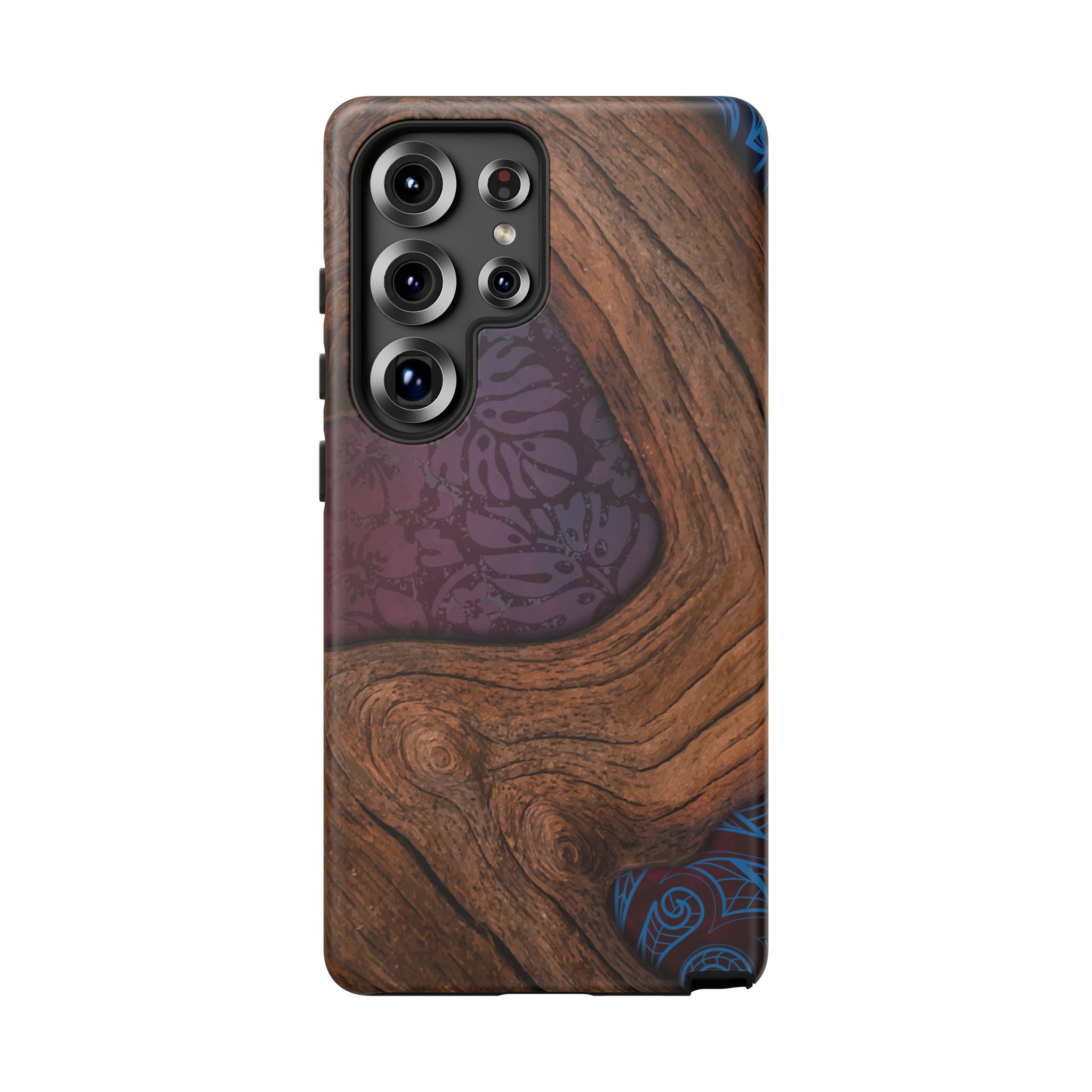 Rooted Tough Samsung Galaxy Case Detail View - Hawaiian Koa Wood Island Strength Tribal Design Close Up - The Local Banyan