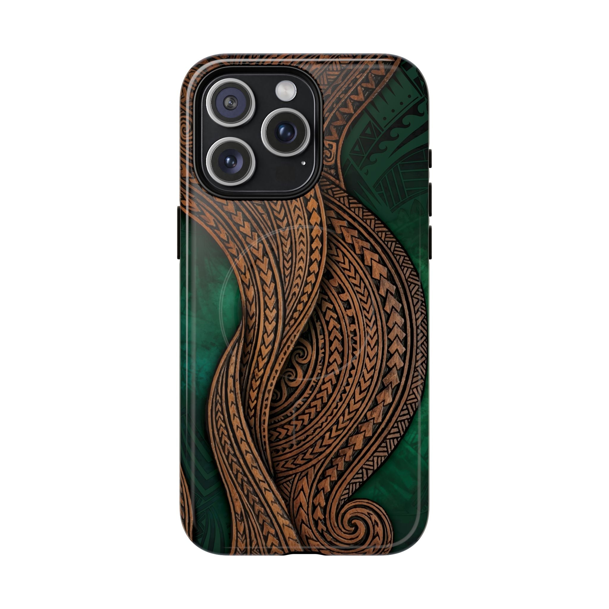 Island Kalai MagSafe iPhone Case iPhone 15 Pro Max Glossy - Hawaiian Carved Wood Grain Emerald Green Tribal Design - The Local Banyan