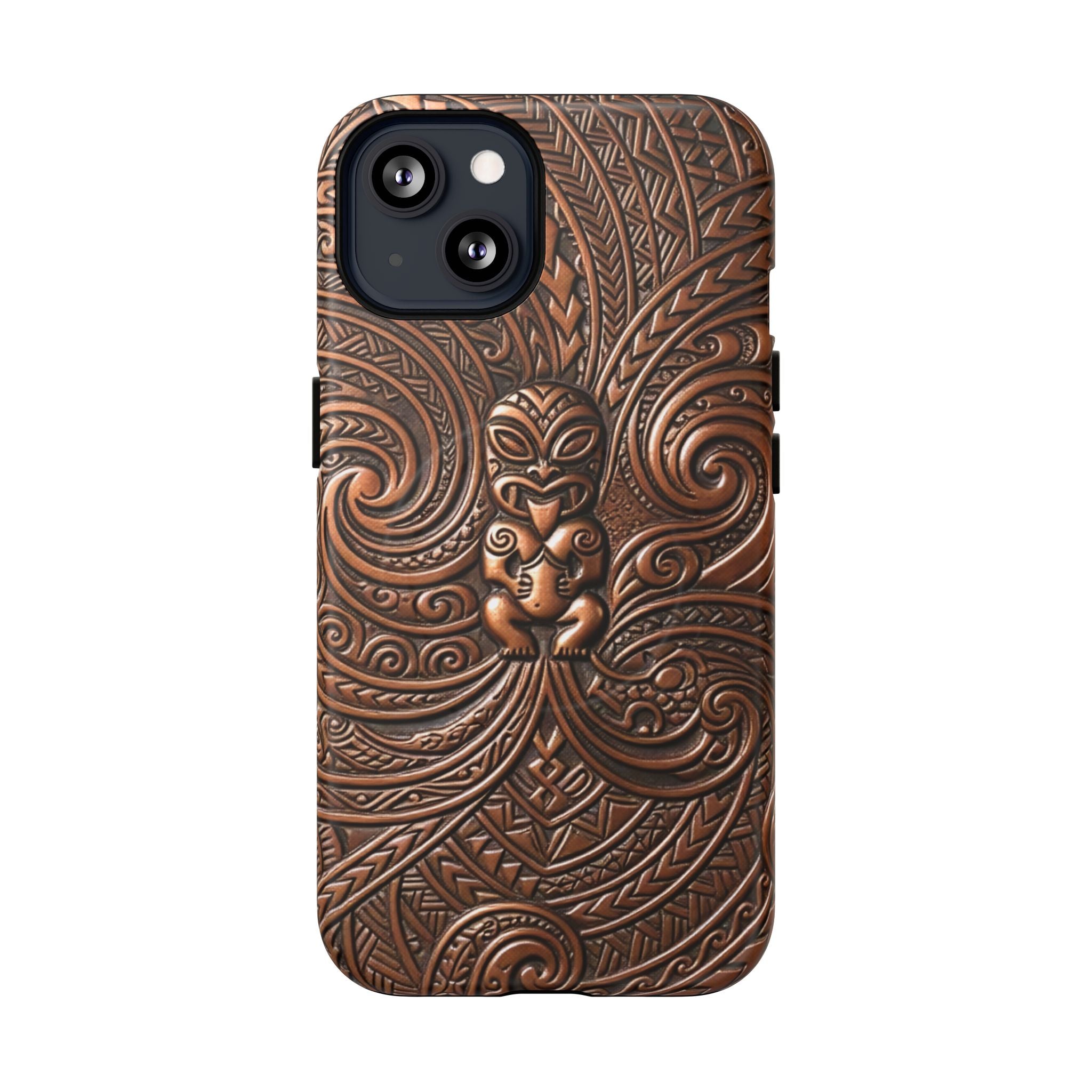 Woman holding Paa Guardian MagSafe iPhone Case - Hawaiian Copper Carved Tiki Polynesian Design - The Local Banyan