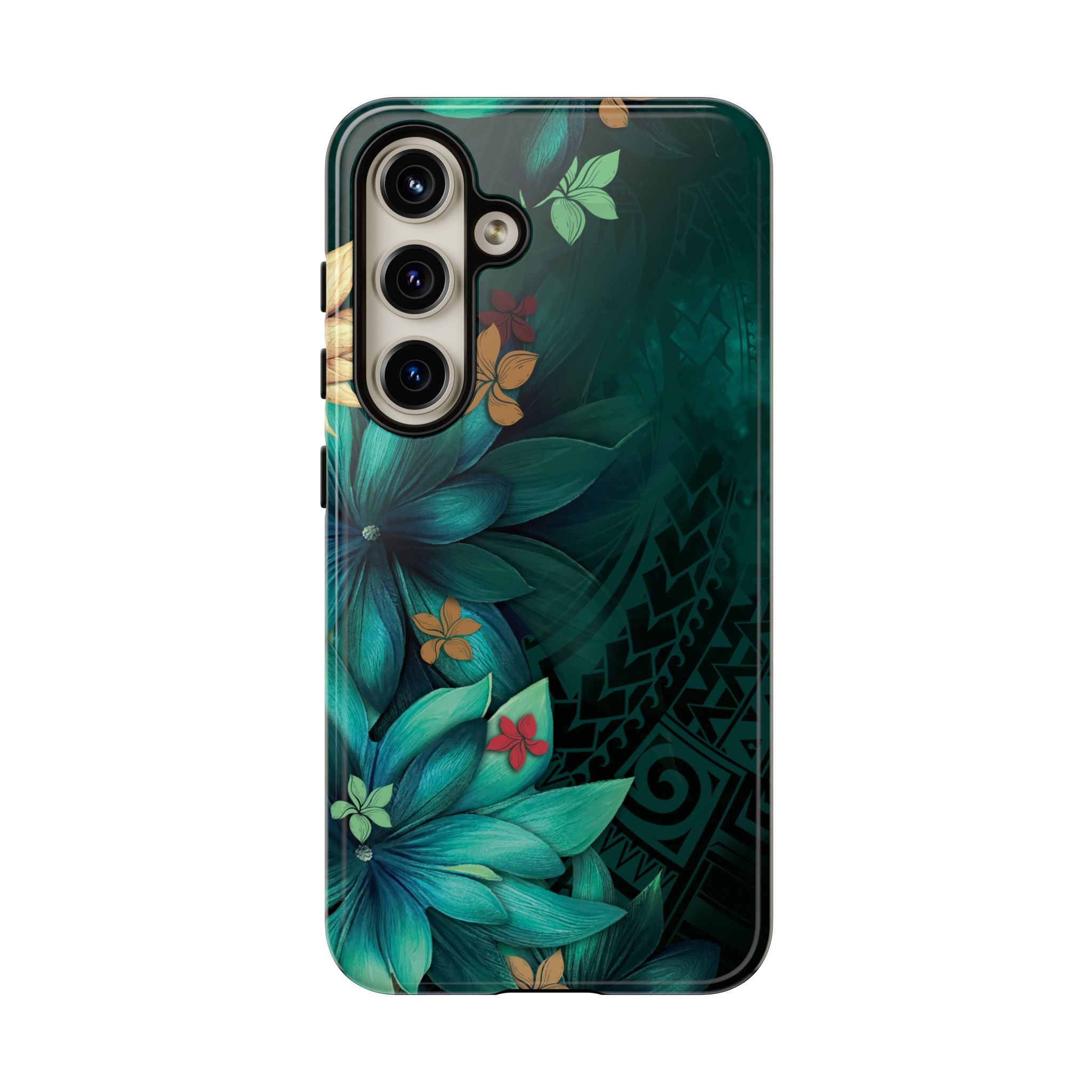 Woman holding Aloha Whispers Tough Samsung Galaxy Case - Hawaiian Abstract Green Floral Polynesian Design - The Local Banyan