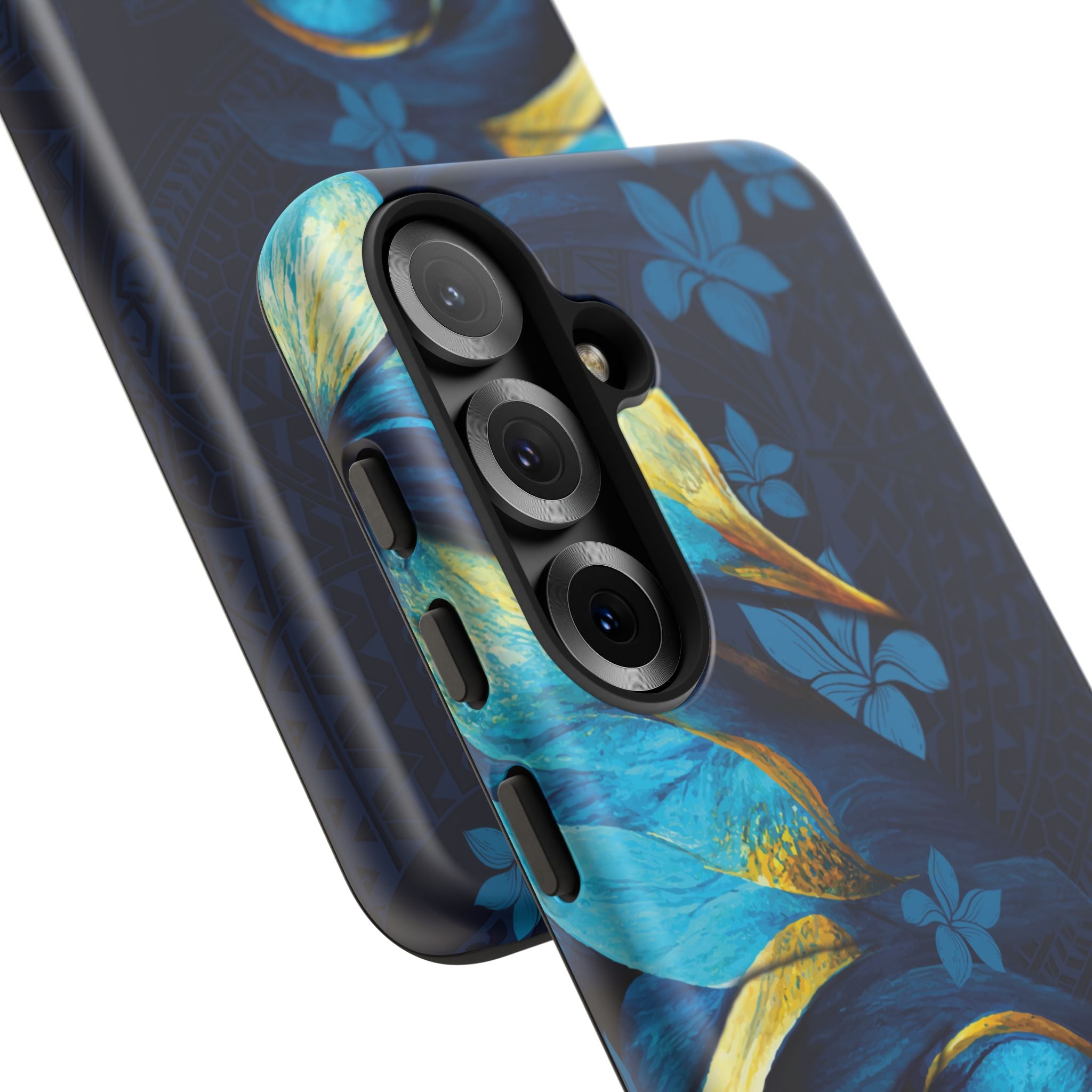 Woman holding Po Mahina Tough Samsung Galaxy Case - Hawaiian Moonlit Teal Gold Floral Design - The Local Banyan