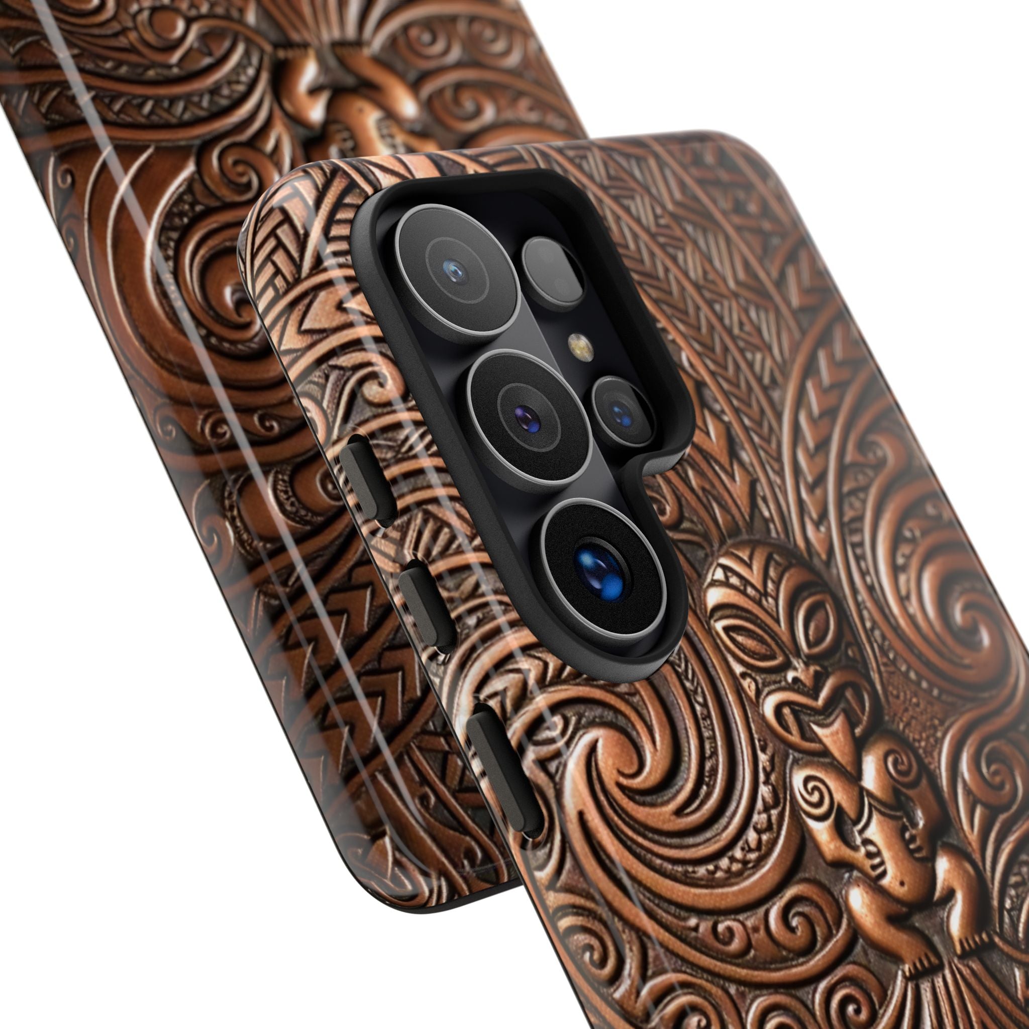 Paa Guardian Tough Samsung Galaxy Case Detail View - Hawaiian Copper Carved Tiki Polynesian Design Close Up - The Local Banyan