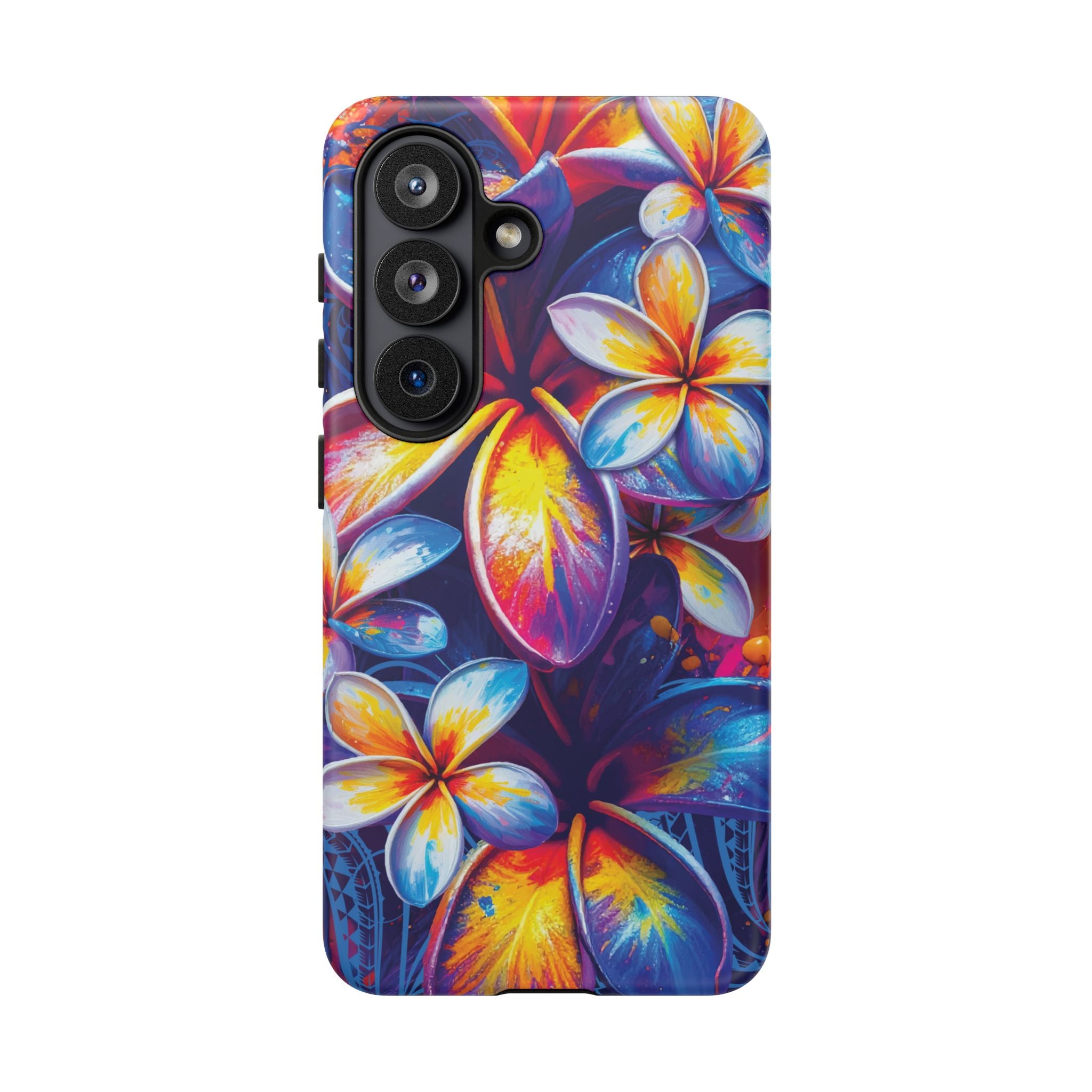Woman holding Sunset Ink Tough Samsung Galaxy Case - Hawaiian Plumeria Street Art Graffiti Tropical Design - The Local Banyan