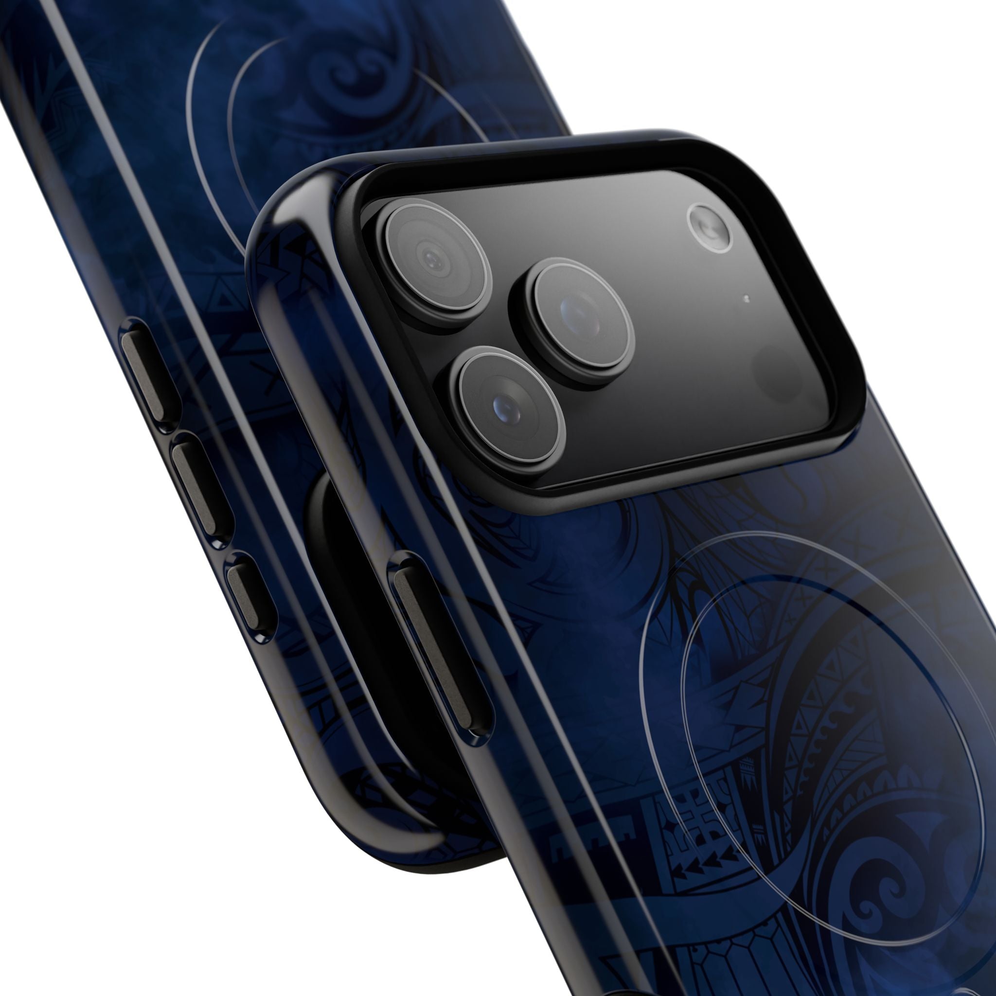 Midnight Essence MagSafe iPhone Case Detail View - Hawaiian Midnight Navy Polynesian Tribal Design Close Up - The Local Banyan