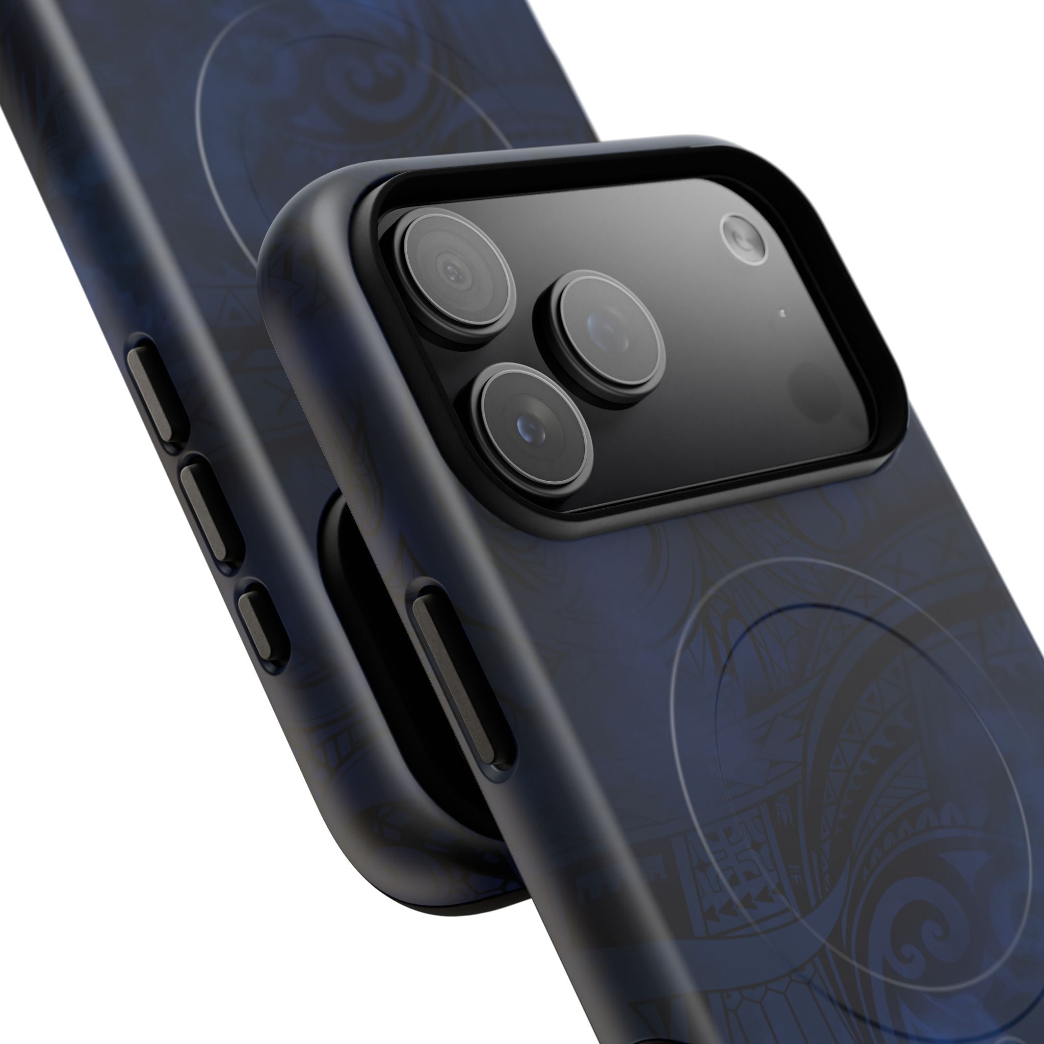 Woman holding Midnight Essence MagSafe iPhone Case - Hawaiian Midnight Navy Polynesian Tribal Design - The Local Banyan