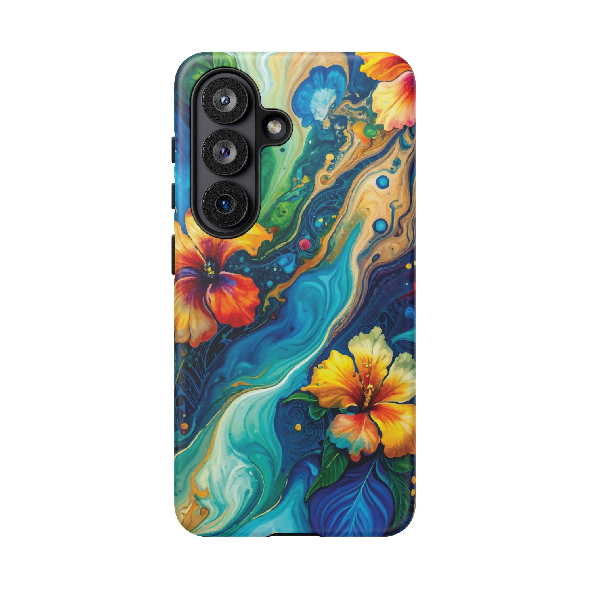 Woman holding Aloalo Drift Tough Samsung Galaxy Case - Hawaiian Hibiscus Teal Ocean Wave Design - The Local Banyan