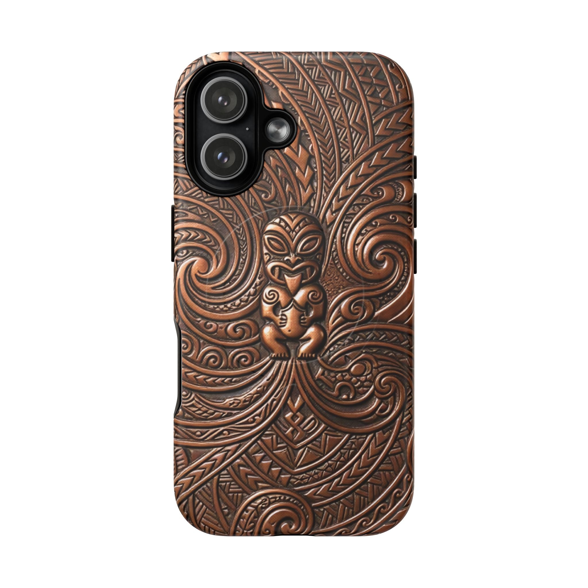 Paa Guardian MagSafe iPhone Case Detail View - Hawaiian Copper Carved Tiki Polynesian Design Close Up - The Local Banyan