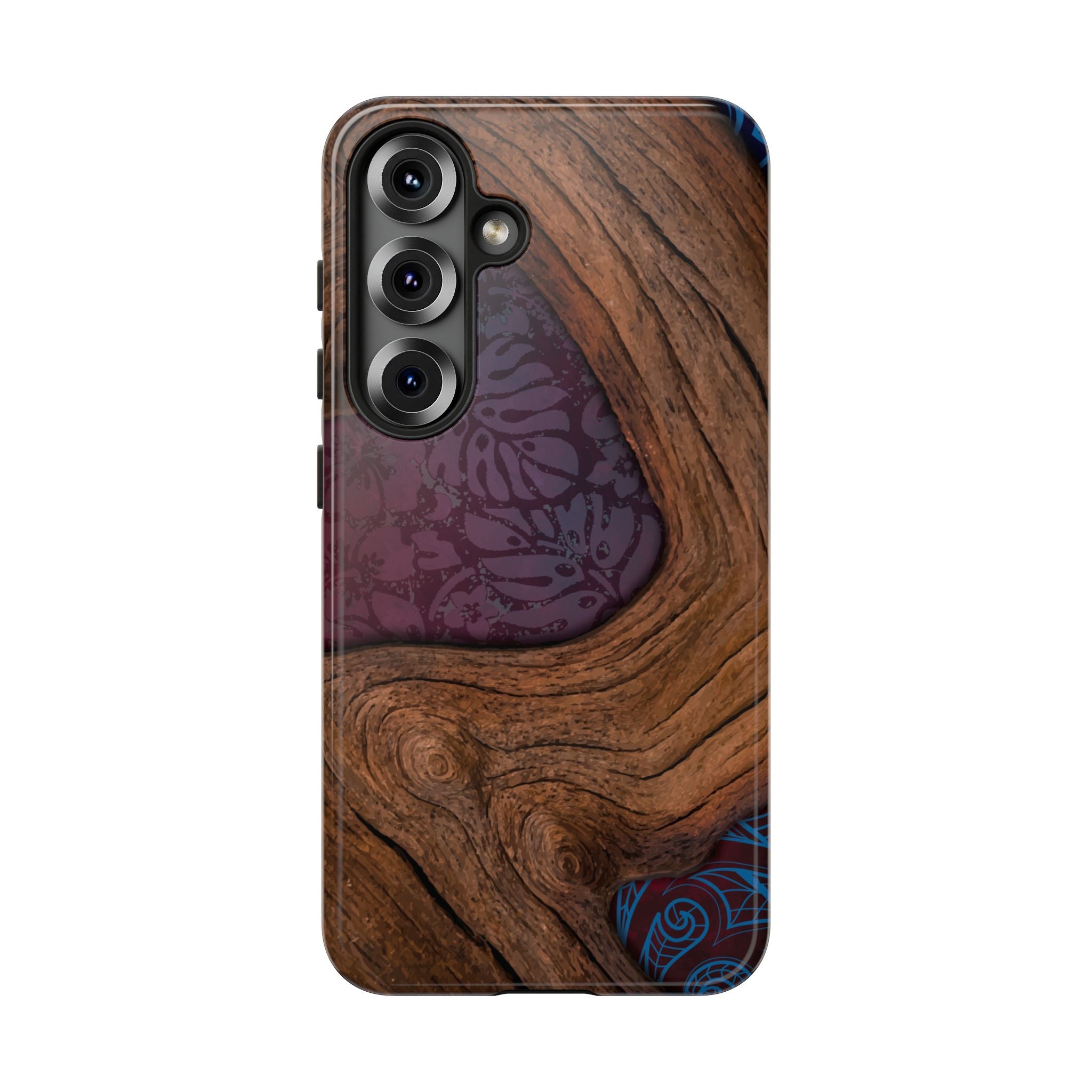 Woman holding Rooted Tough Samsung Galaxy Case - Hawaiian Koa Wood Island Strength Tribal Design - The Local Banyan