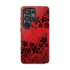 Woman holding Keahi Pua Tough Samsung Galaxy Case - Hawaiian Fire Flower Red Tribal Floral Design - The Local Banyan