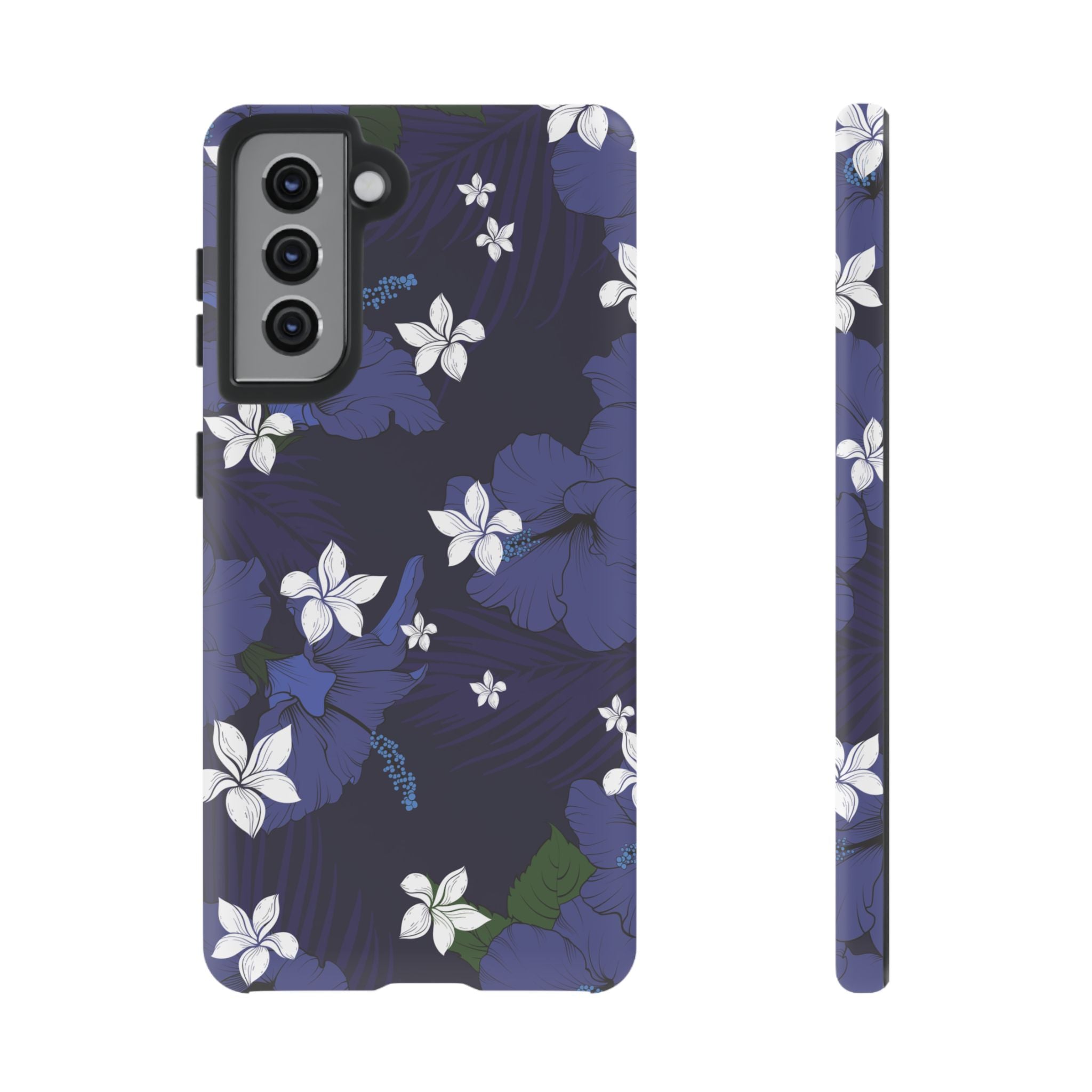 Vintage Blue Tough Samsung Galaxy Case Samsung Galaxy S21 Matte - Hawaiian Indigo Hibiscus White Plumeria Design - The Local Banyan