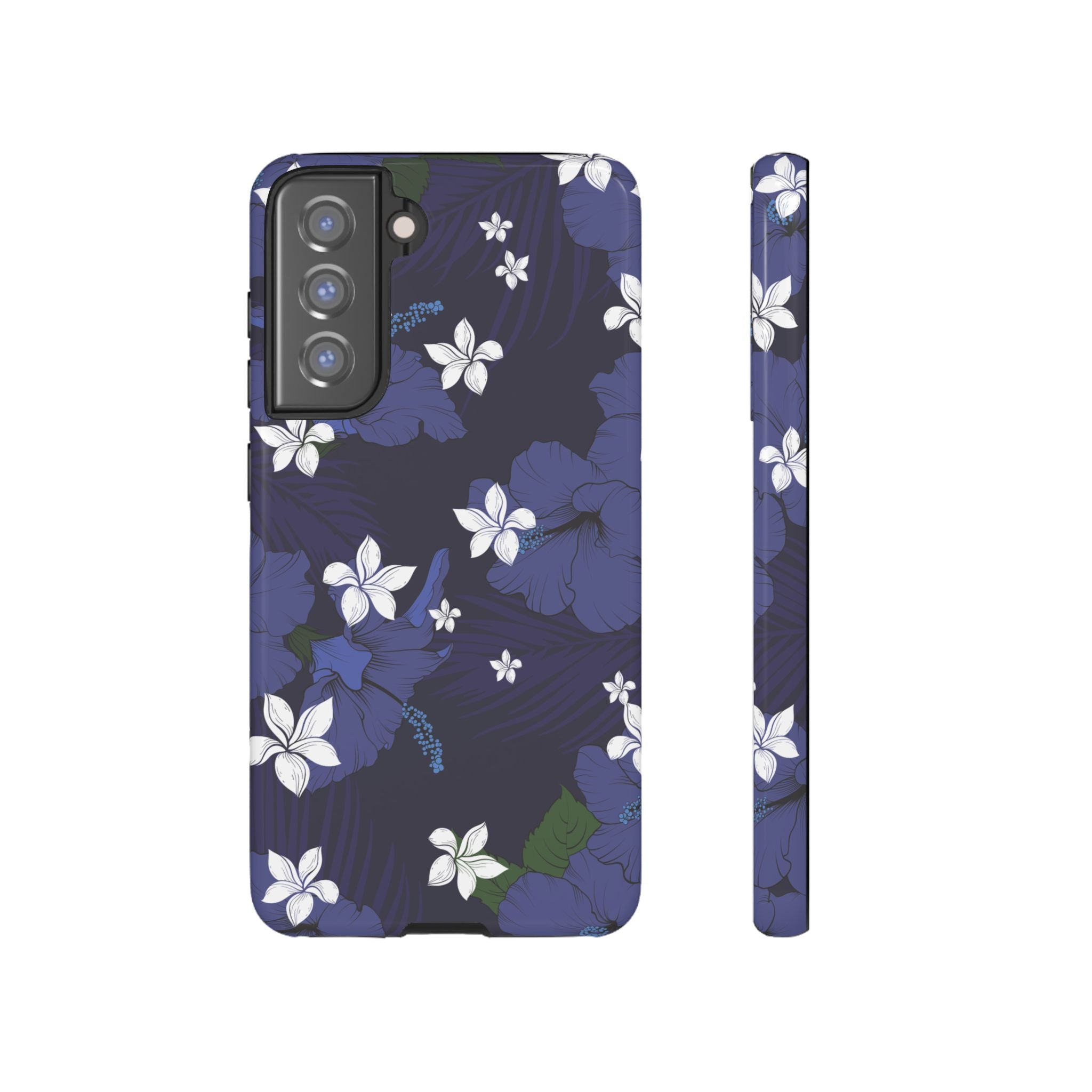 Vintage Blue Tough Samsung Galaxy Case Samsung Galaxy S21 FE Glossy - Hawaiian Indigo Hibiscus White Plumeria Design - The Local Banyan