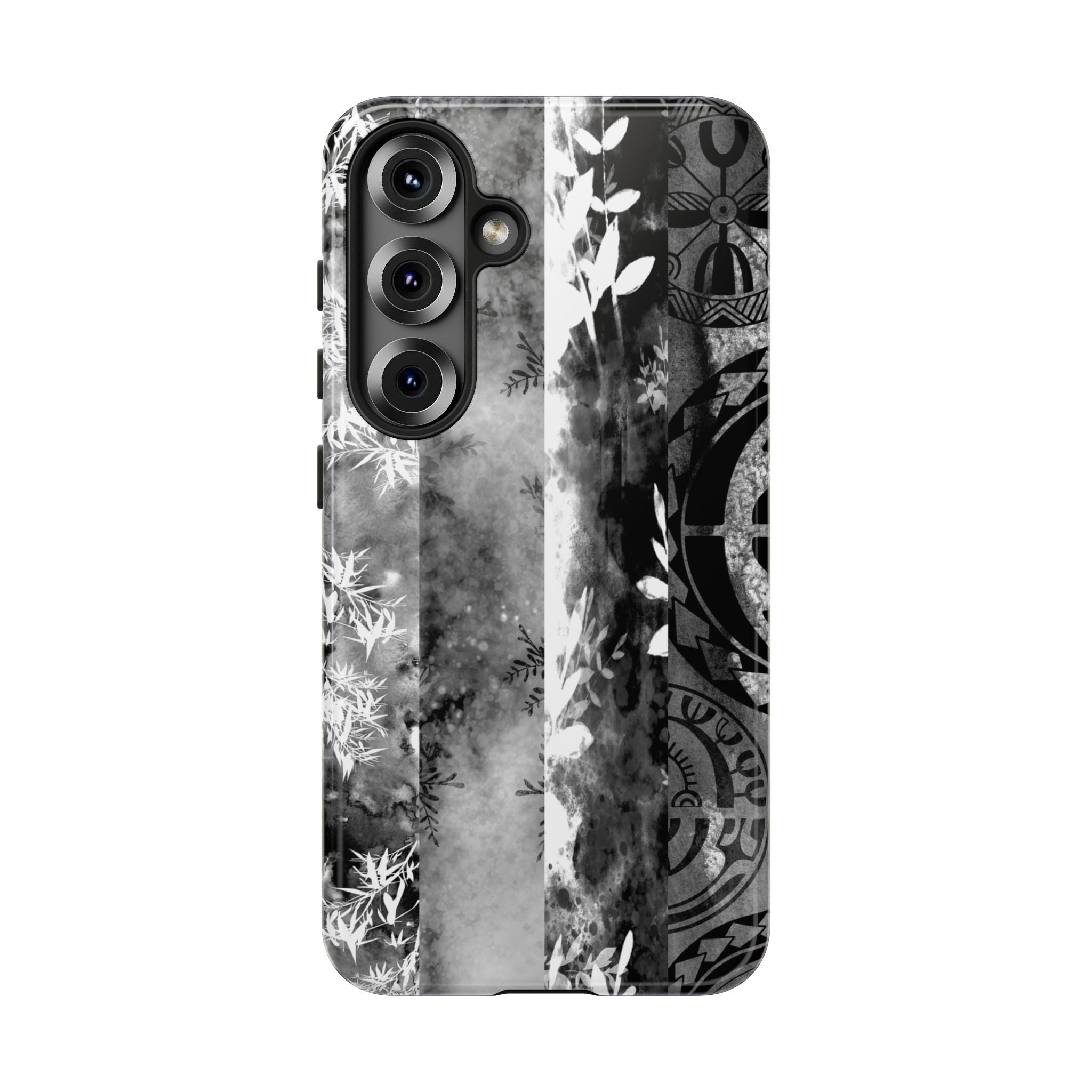 Woman holding Monochrome Oasis Tough Samsung Galaxy Case - Hawaiian Black White Botanical Tribal Design - The Local Banyan