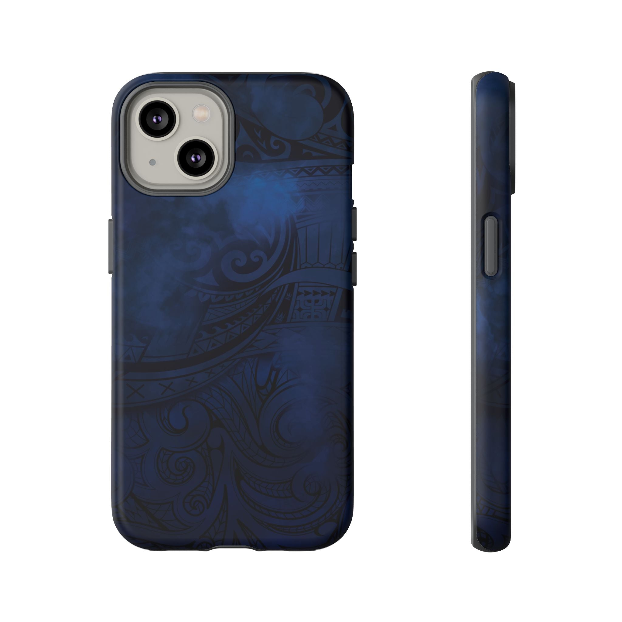 Woman holding Midnight Essence Tough iPhone Case - Hawaiian Midnight Navy Polynesian Tribal Design - The Local Banyan