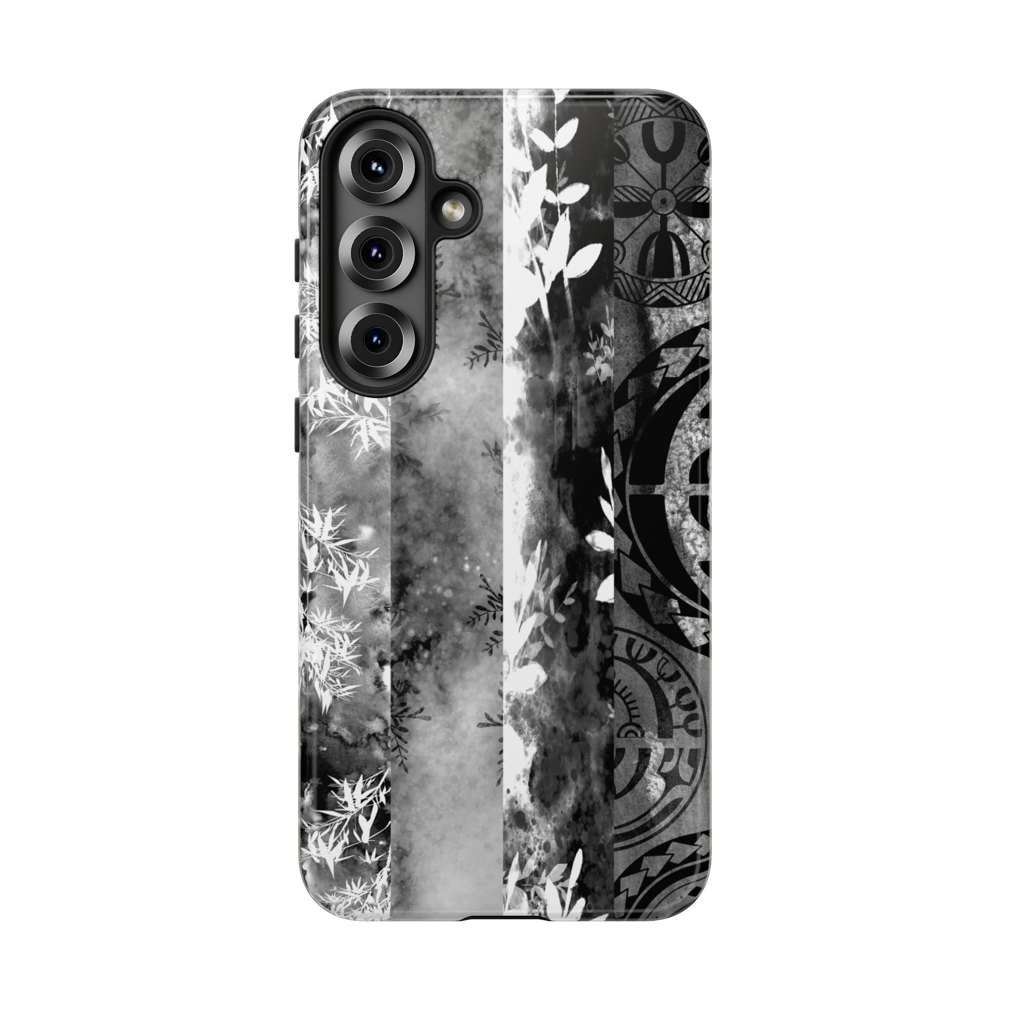 Monochrome Oasis Tough Samsung Galaxy Case Detail View - Hawaiian Black White Botanical Tribal Design Close Up - The Local Banyan