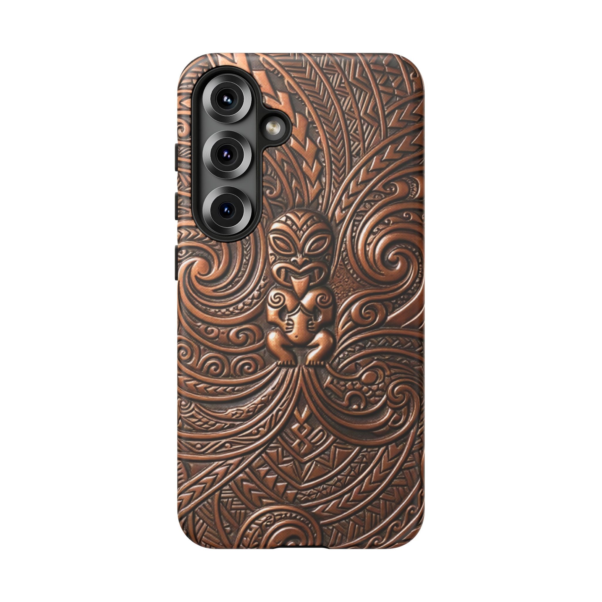 Woman holding Paa Guardian Tough Samsung Galaxy Case - Hawaiian Copper Carved Tiki Polynesian Design - The Local Banyan