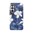 Woman holding Eternal Blue Plumeria Tough Samsung Galaxy Case - Hawaiian Blue Plumeria Ocean Floral Design - The Local Banyan