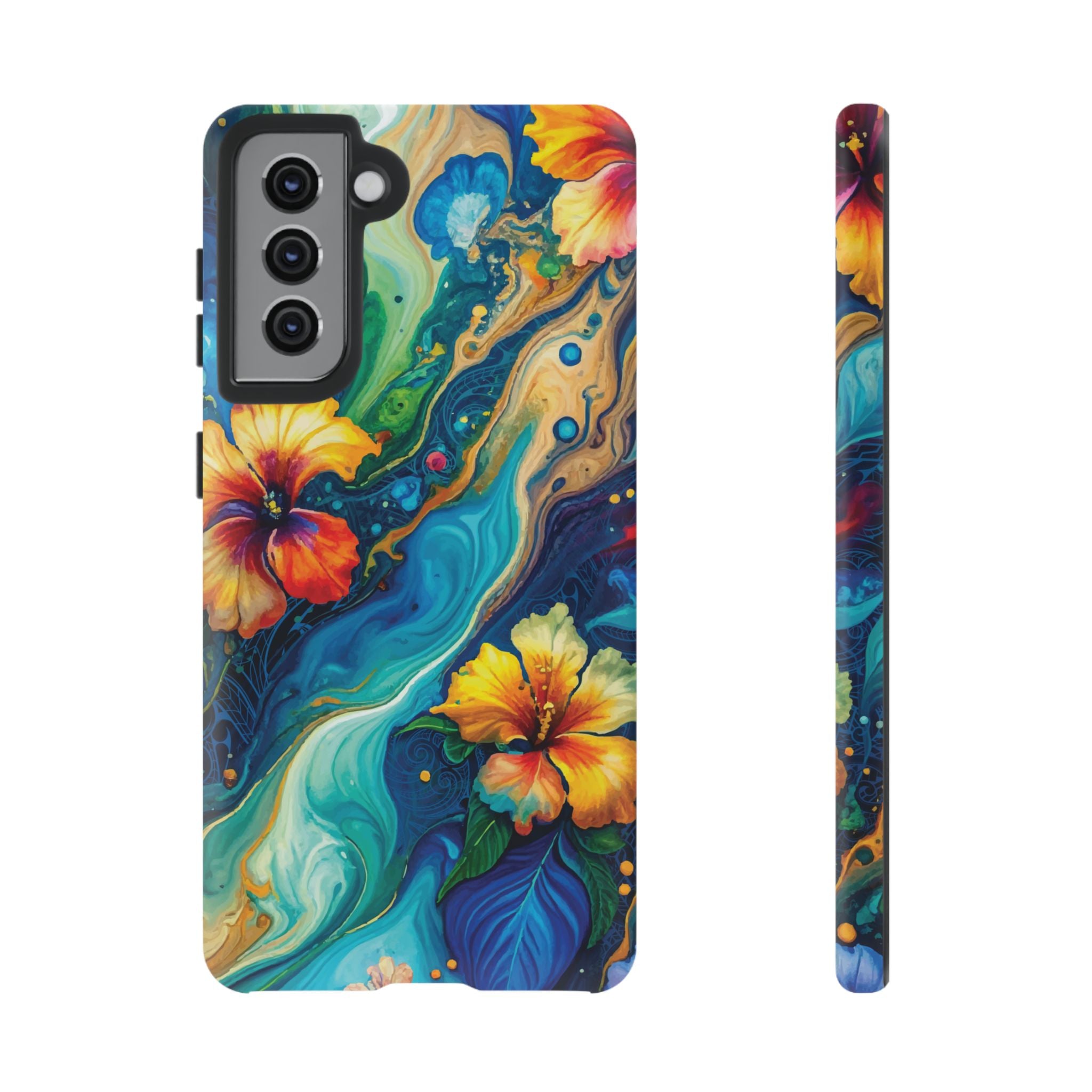Aloalo Drift Tough Samsung Galaxy Case Samsung Galaxy S21 Matte - Hawaiian Hibiscus Teal Ocean Wave Design - The Local Banyan