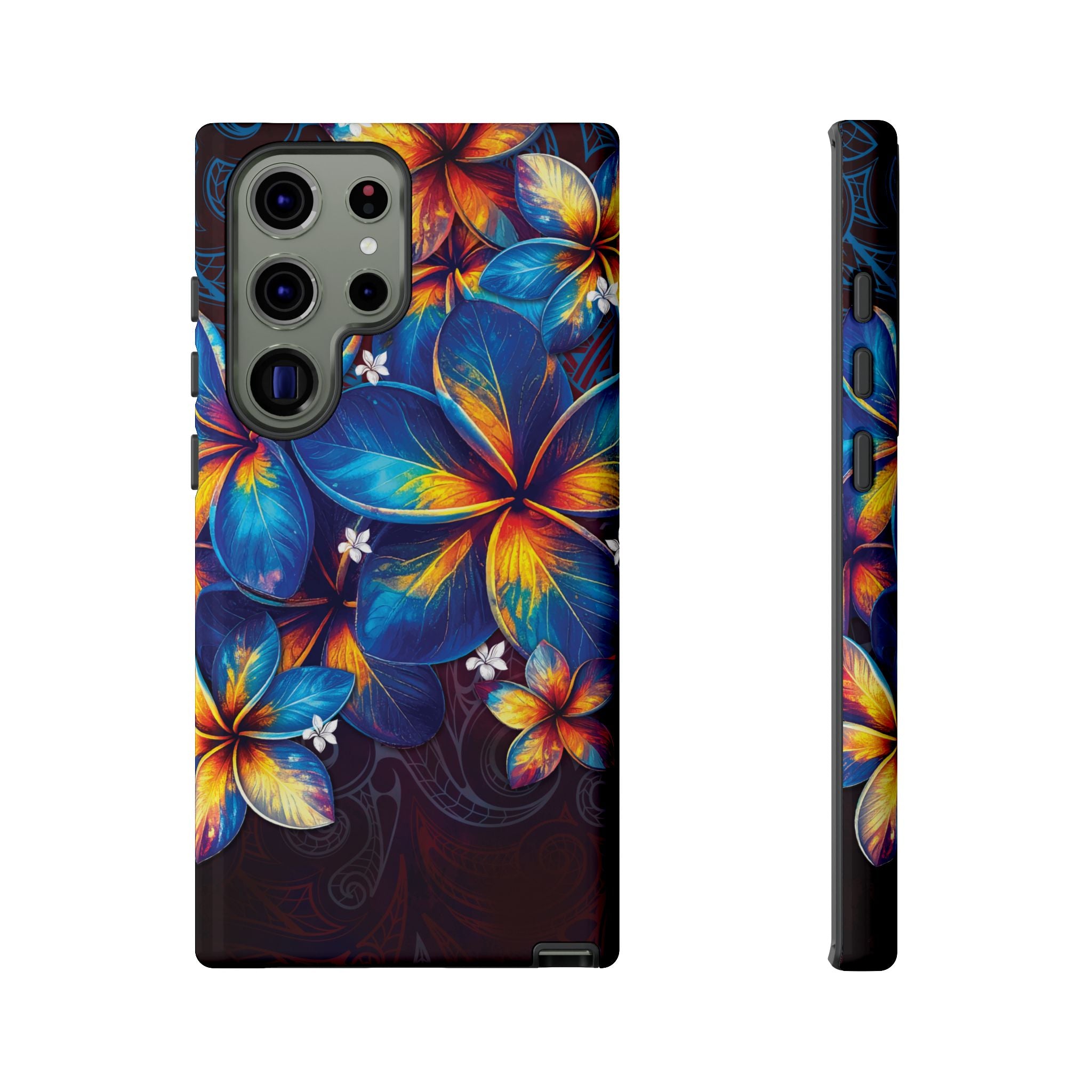 Nohea Twilight Tough Samsung Galaxy Case Detail View - Hawaiian Blue Orange Plumeria Twilight Design Close Up - The Local Banyan