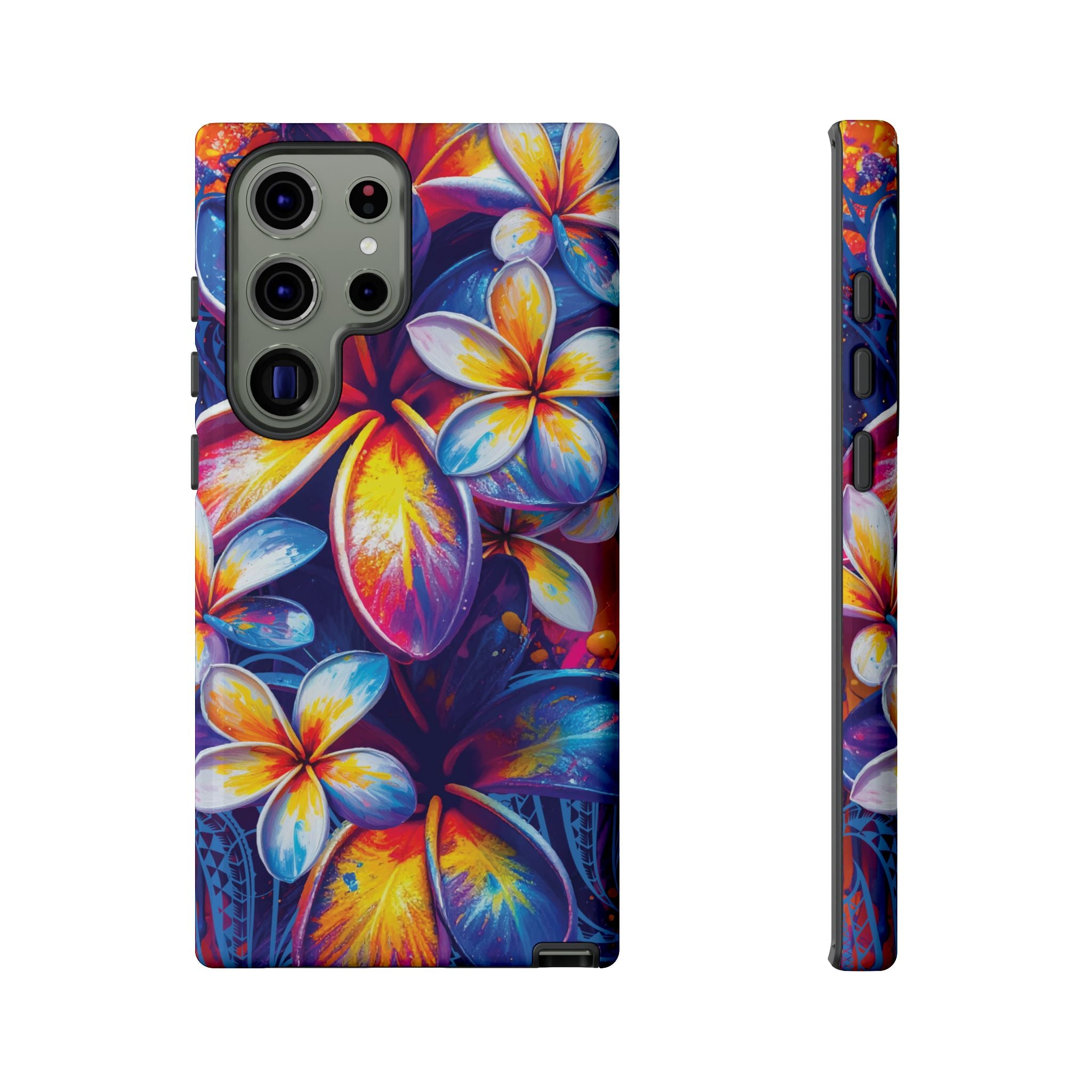 Woman holding Sunset Ink Tough Samsung Galaxy Case - Hawaiian Plumeria Street Art Graffiti Tropical Design - The Local Banyan
