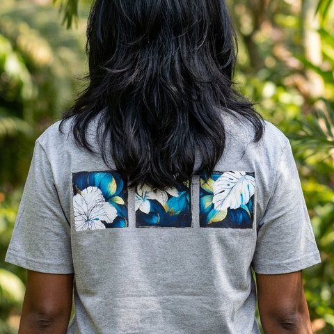 Person wearing a gray t-shirt with floral designs in a tropical setting