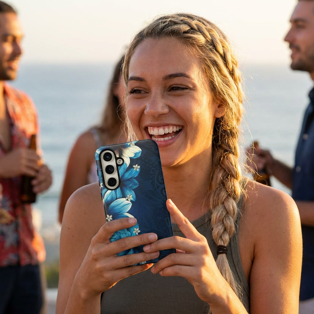 Leilani Nights Tough Samsung Galaxy Case Samsung Galaxy S24 Plus Matte - Hawaiian Dark Blue Floral Polynesian Design - The Local Banyan