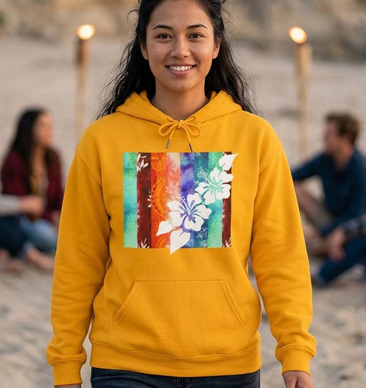 Woman wearing a yellow hoodie with a colorful hibiscus Hawaiian design on a beach.