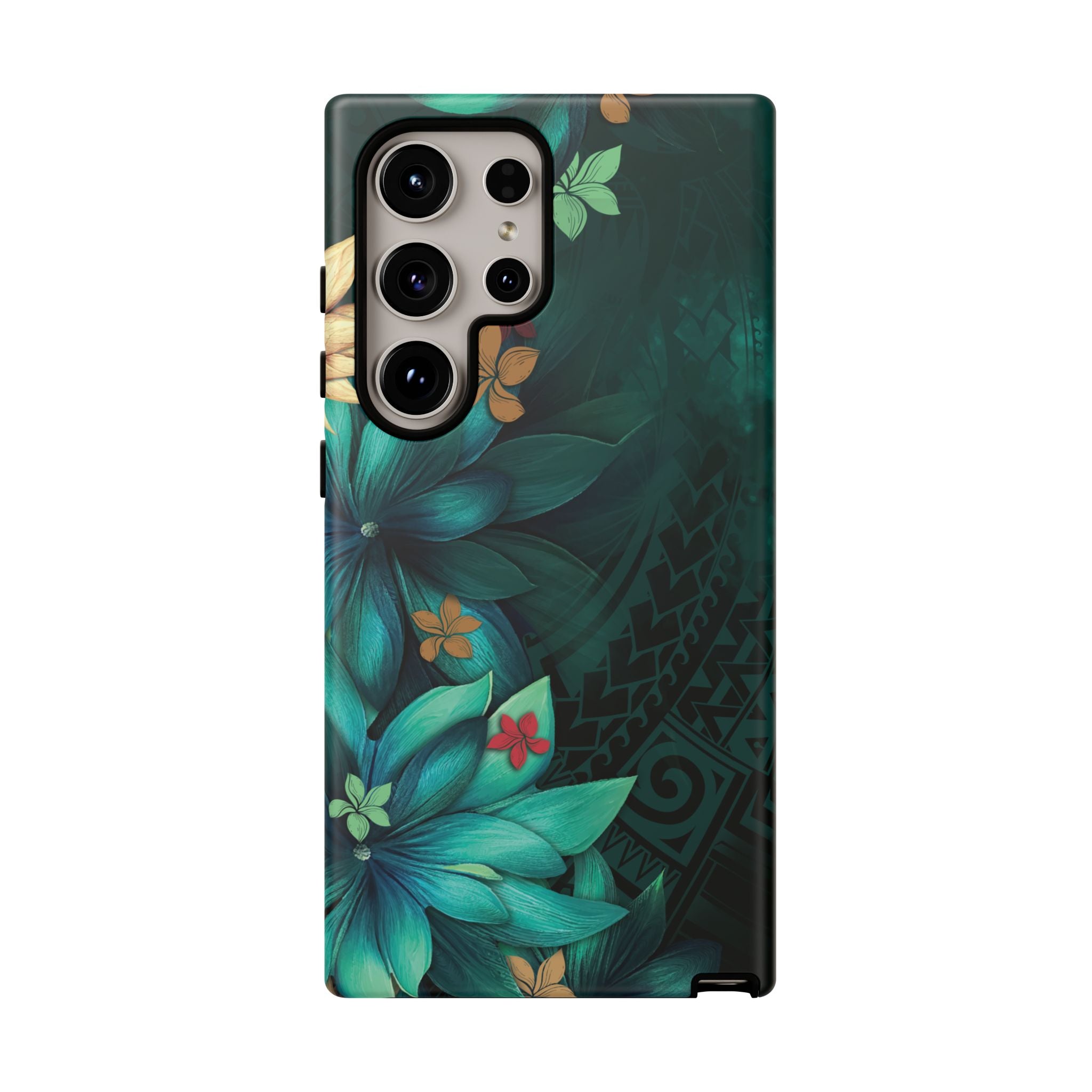 Aloha Whispers Tough Samsung Galaxy Case Detail View - Hawaiian Abstract Green Floral Polynesian Design Close Up - The Local Banyan