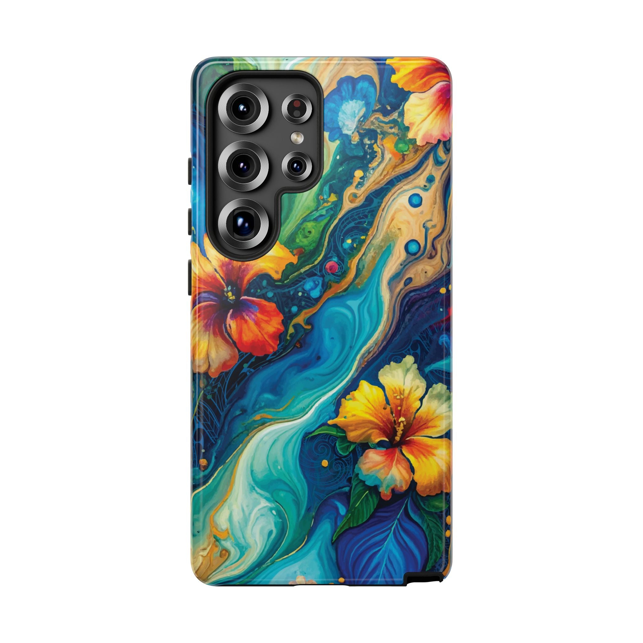 Woman holding Aloalo Drift Tough Samsung Galaxy Case - Hawaiian Hibiscus Teal Ocean Wave Design - The Local Banyan