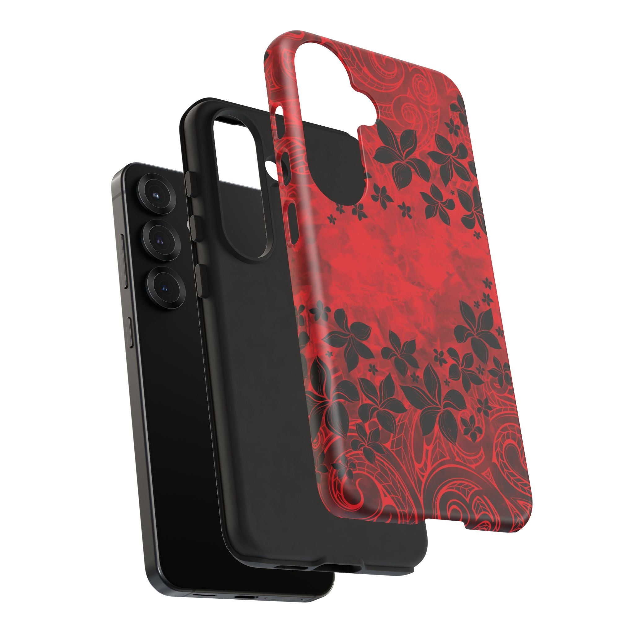 Woman holding Keahi Pua Tough Samsung Galaxy Case - Hawaiian Fire Flower Red Tribal Floral Design - The Local Banyan