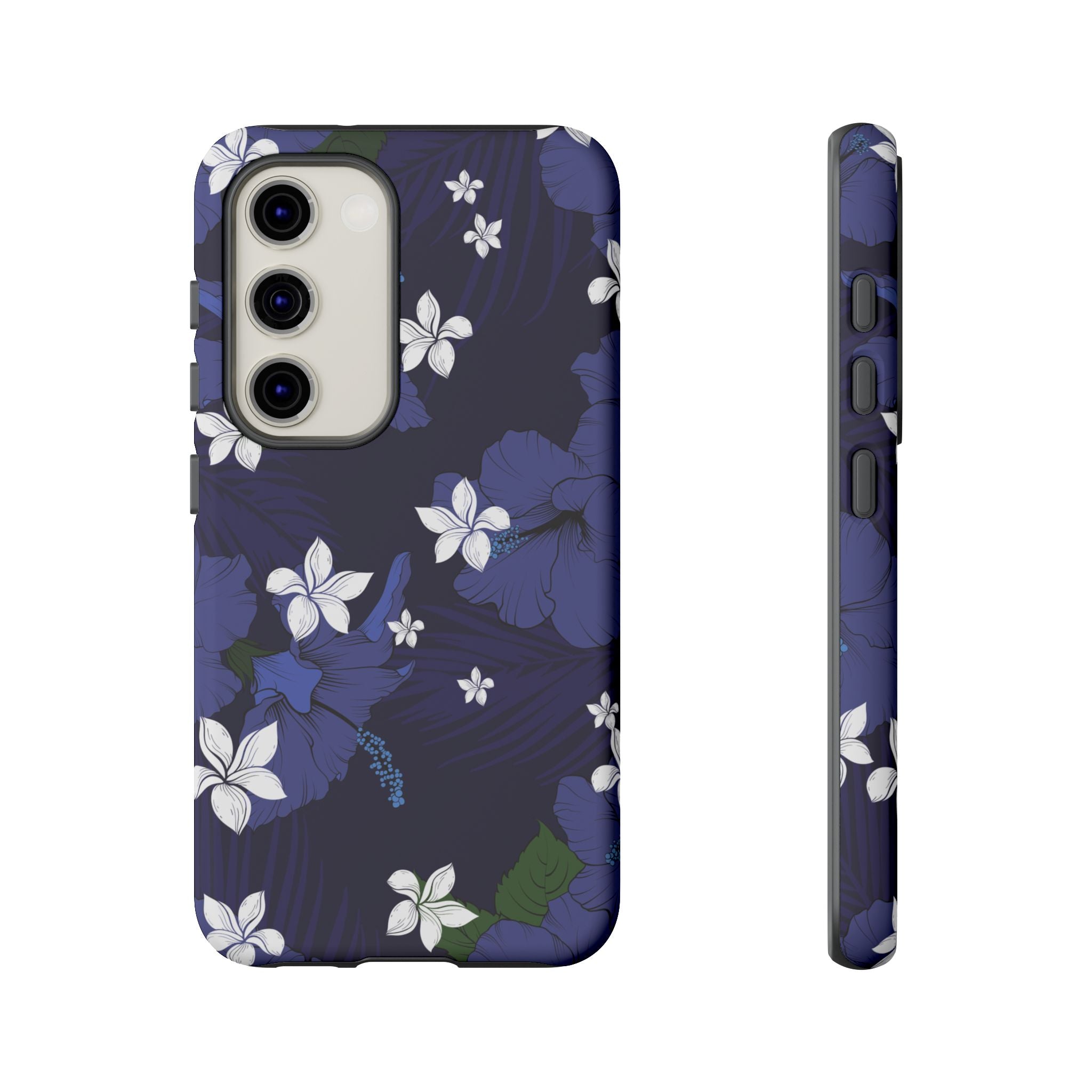 Woman holding Vintage Blue Tough Samsung Galaxy Case - Hawaiian Indigo Hibiscus White Plumeria Design - The Local Banyan