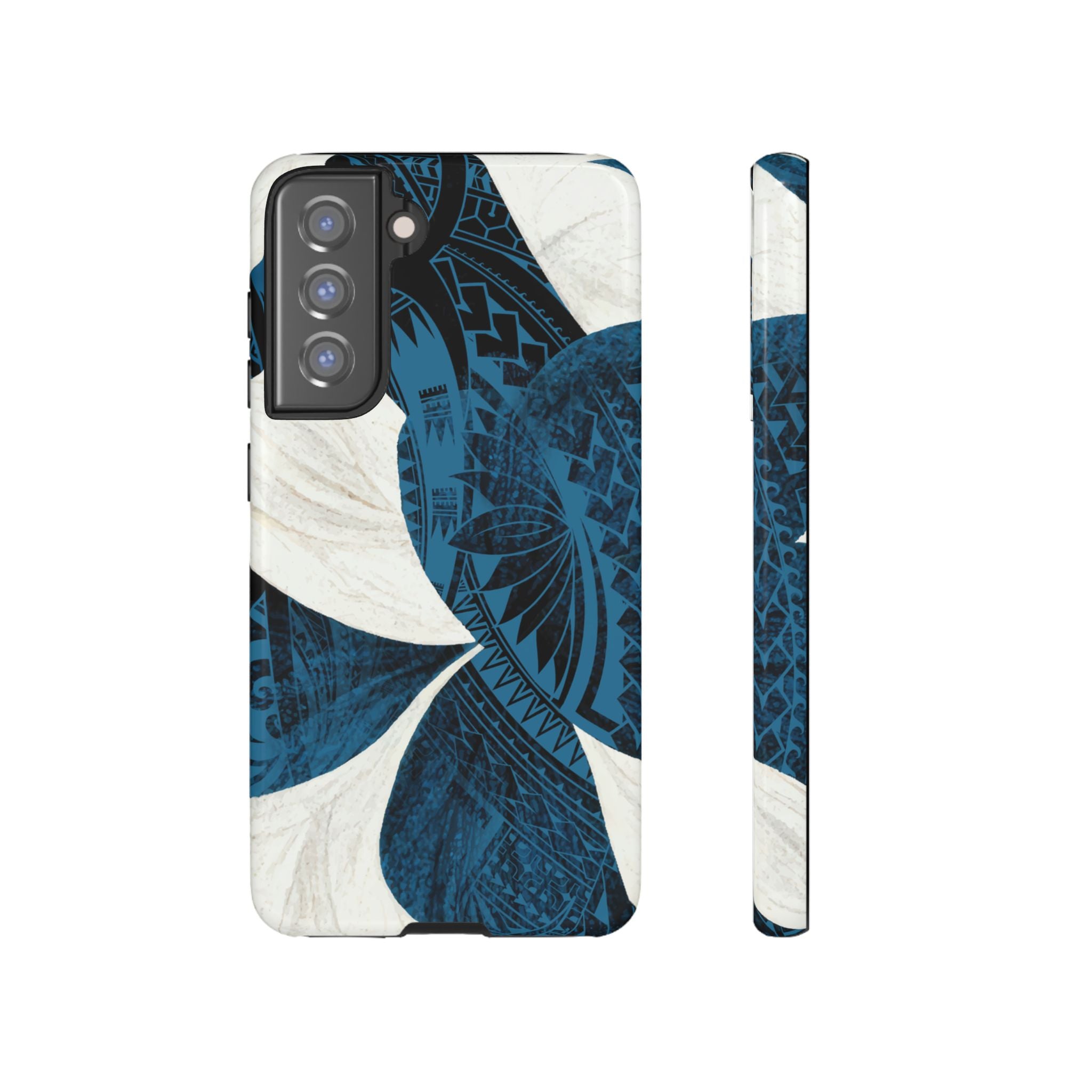 Hana Breeze Tough Samsung Galaxy Case Samsung Galaxy S21 FE Glossy - Hawaiian Blue Plumeria Polynesian Botanical Design - The Local Banyan