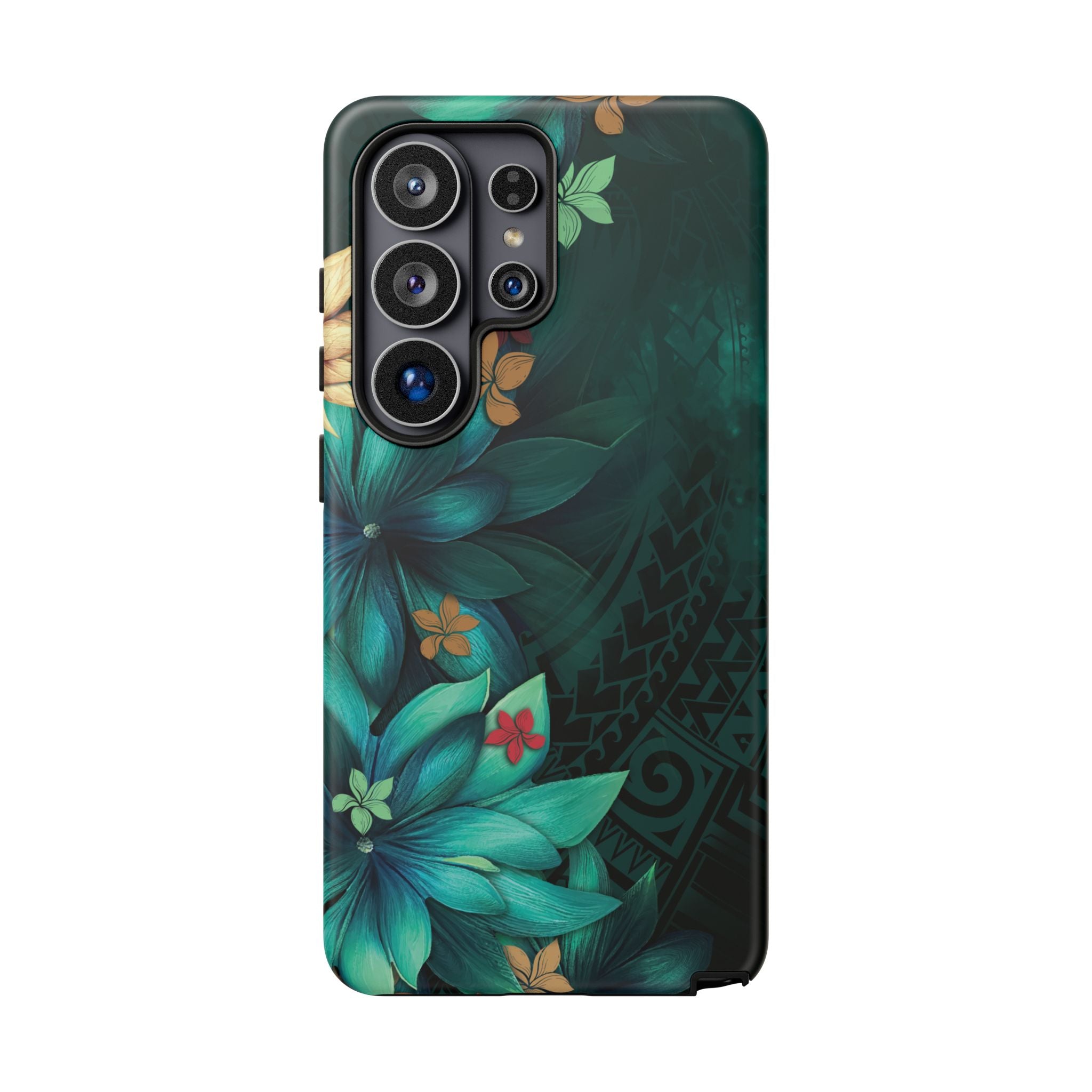 Woman holding Aloha Whispers Tough Samsung Galaxy Case - Hawaiian Abstract Green Floral Polynesian Design - The Local Banyan