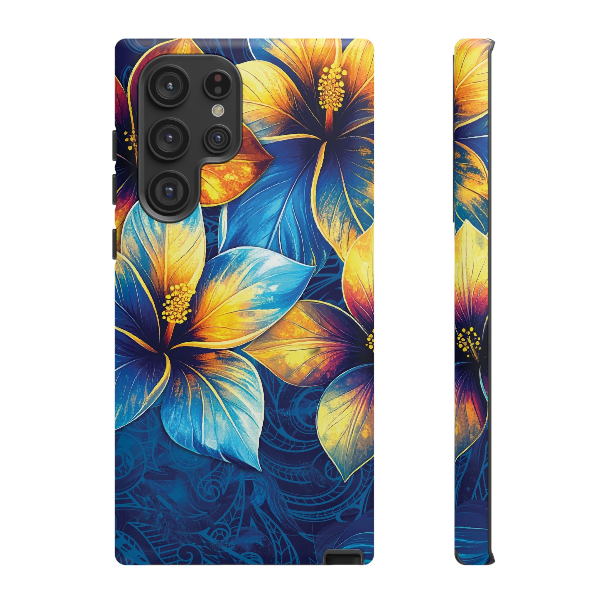 Pua La Tough Samsung Galaxy Case Detail View - Hawaiian Golden Hibiscus Sun Flower Sapphire Design Close Up - The Local Banyan