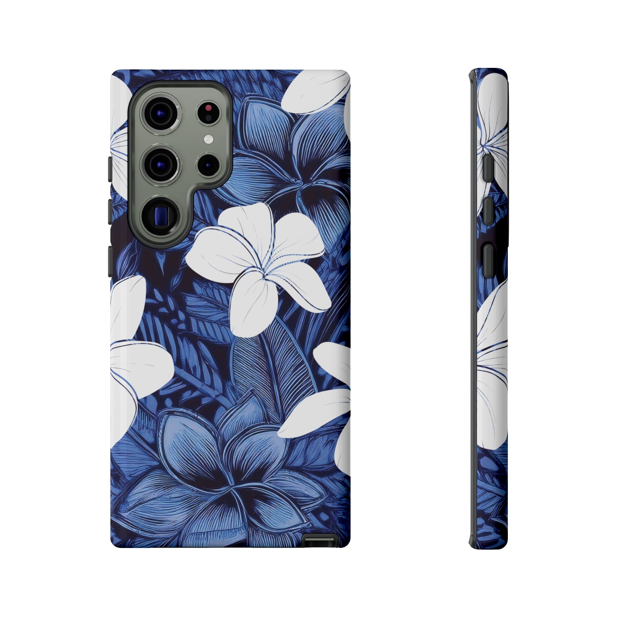 Eternal Blue Plumeria Tough Samsung Galaxy Case Detail View - Hawaiian Blue Plumeria Ocean Floral Design Close Up - The Local Banyan