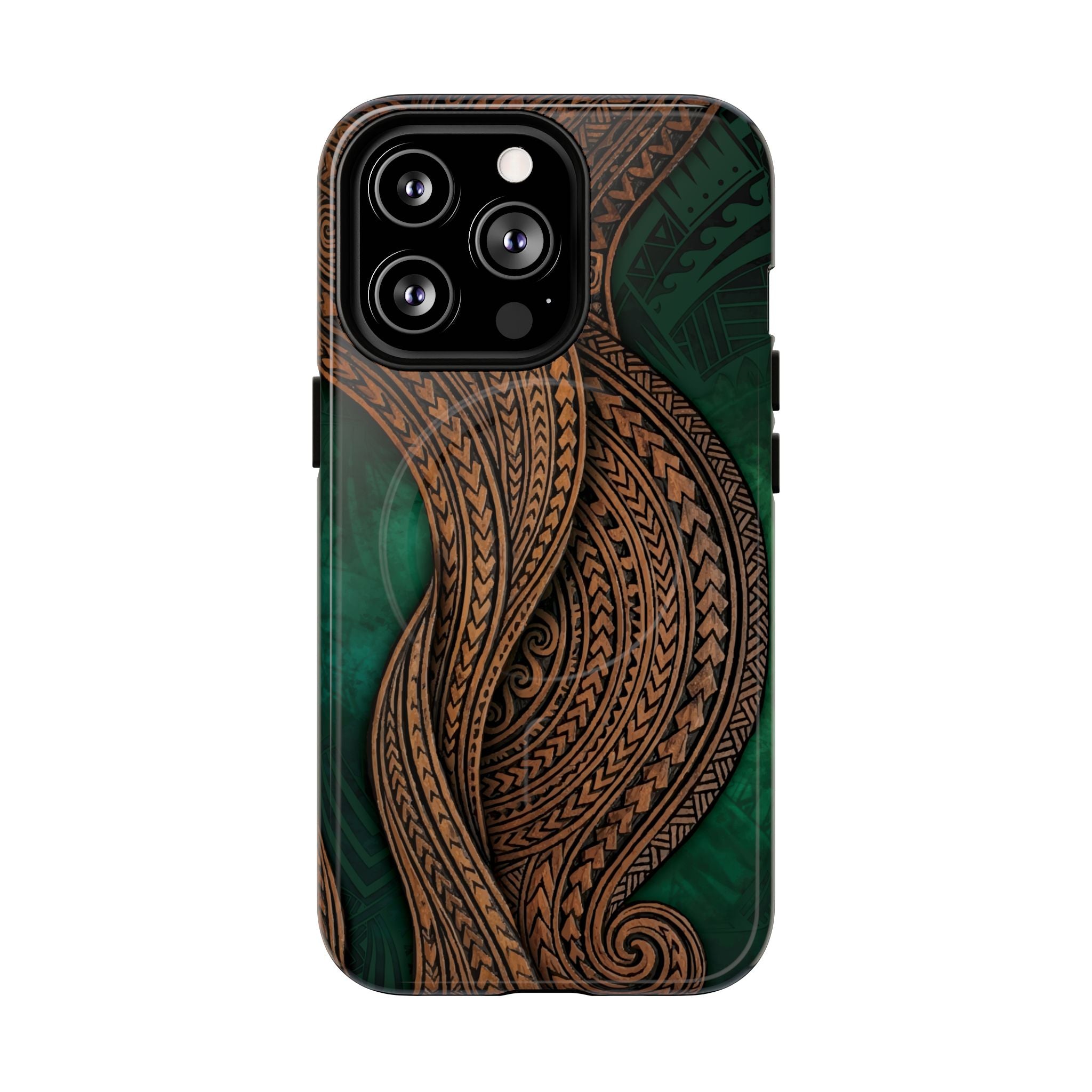 Woman holding Island Kalai MagSafe iPhone Case - Hawaiian Carved Wood Grain Emerald Green Tribal Design - The Local Banyan