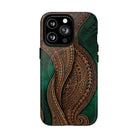 Woman holding Island Kalai MagSafe iPhone Case - Hawaiian Carved Wood Grain Emerald Green Tribal Design - The Local Banyan