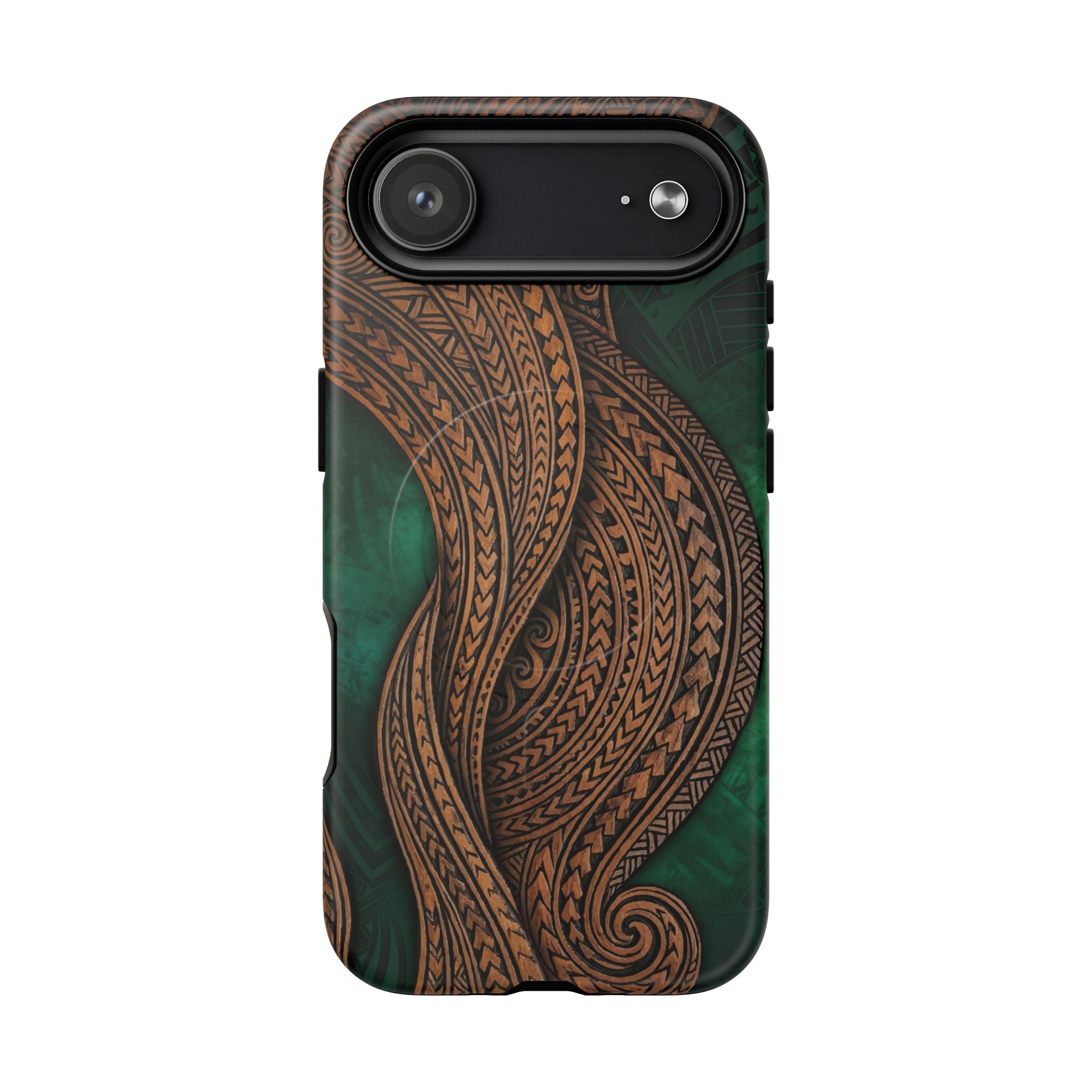 Island Kalai MagSafe iPhone Case Detail View - Hawaiian Carved Wood Grain Emerald Green Tribal Design Close Up - The Local Banyan
