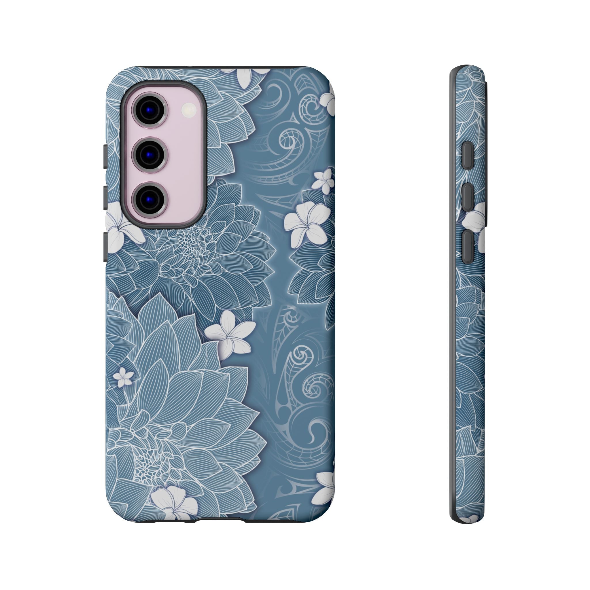 Woman holding Pua La Tough Samsung Galaxy Case - Hawaiian Golden Hibiscus Sun Flower Sapphire Design - The Local Banyan