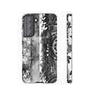 Monochrome Oasis Tough Samsung Galaxy Case Samsung Galaxy S21 FE Matte - Hawaiian Black White Botanical Tribal Design - The Local Banyan