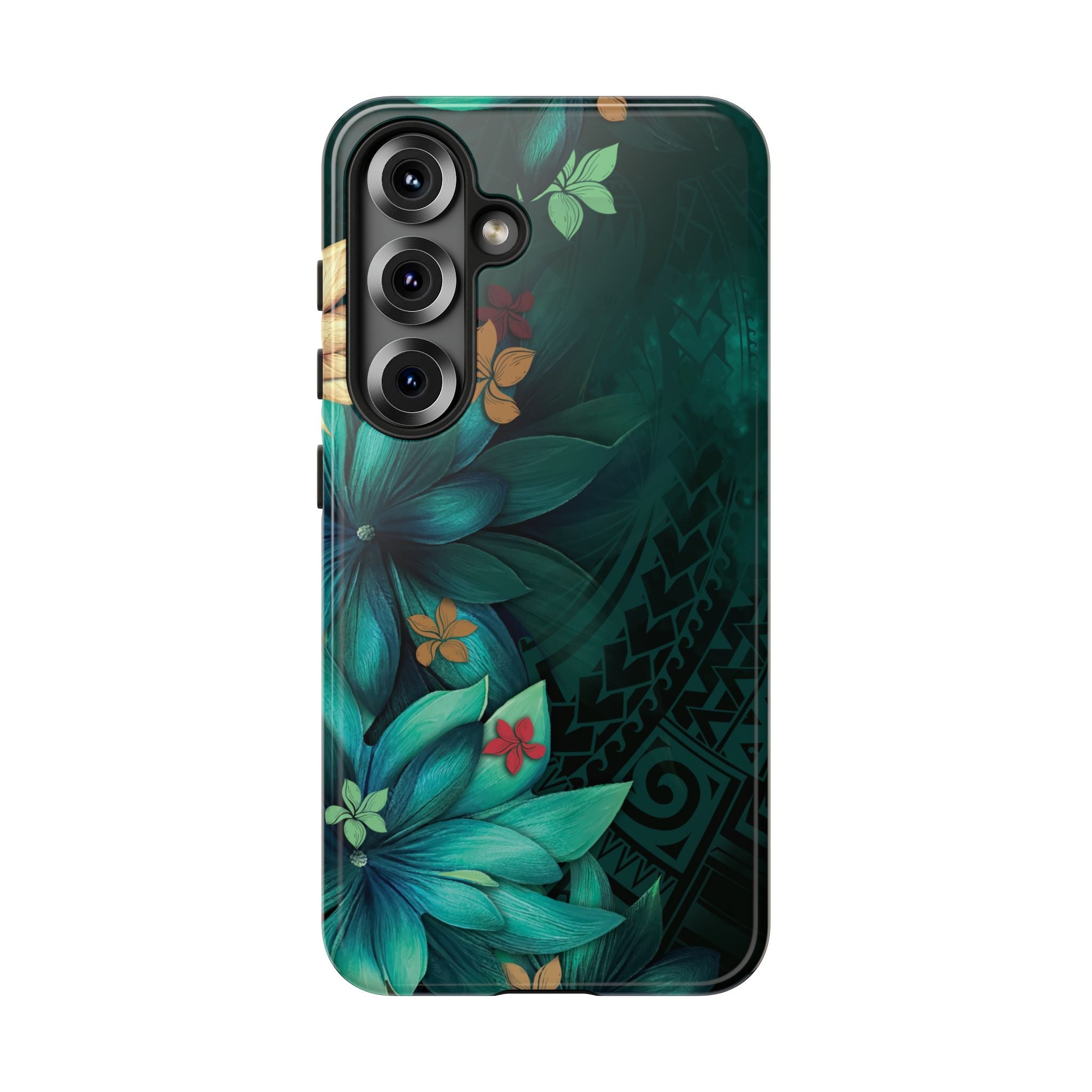 Woman holding Aloha Whispers Tough Samsung Galaxy Case - Hawaiian Abstract Green Floral Polynesian Design - The Local Banyan