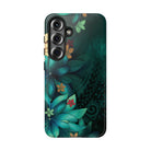 Woman holding Aloha Whispers Tough Samsung Galaxy Case - Hawaiian Abstract Green Floral Polynesian Design - The Local Banyan