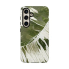 Woman holding Island Breeze Tough Samsung Galaxy Case - Hawaiian Palm Leaf Olive Green Botanical Design - The Local Banyan