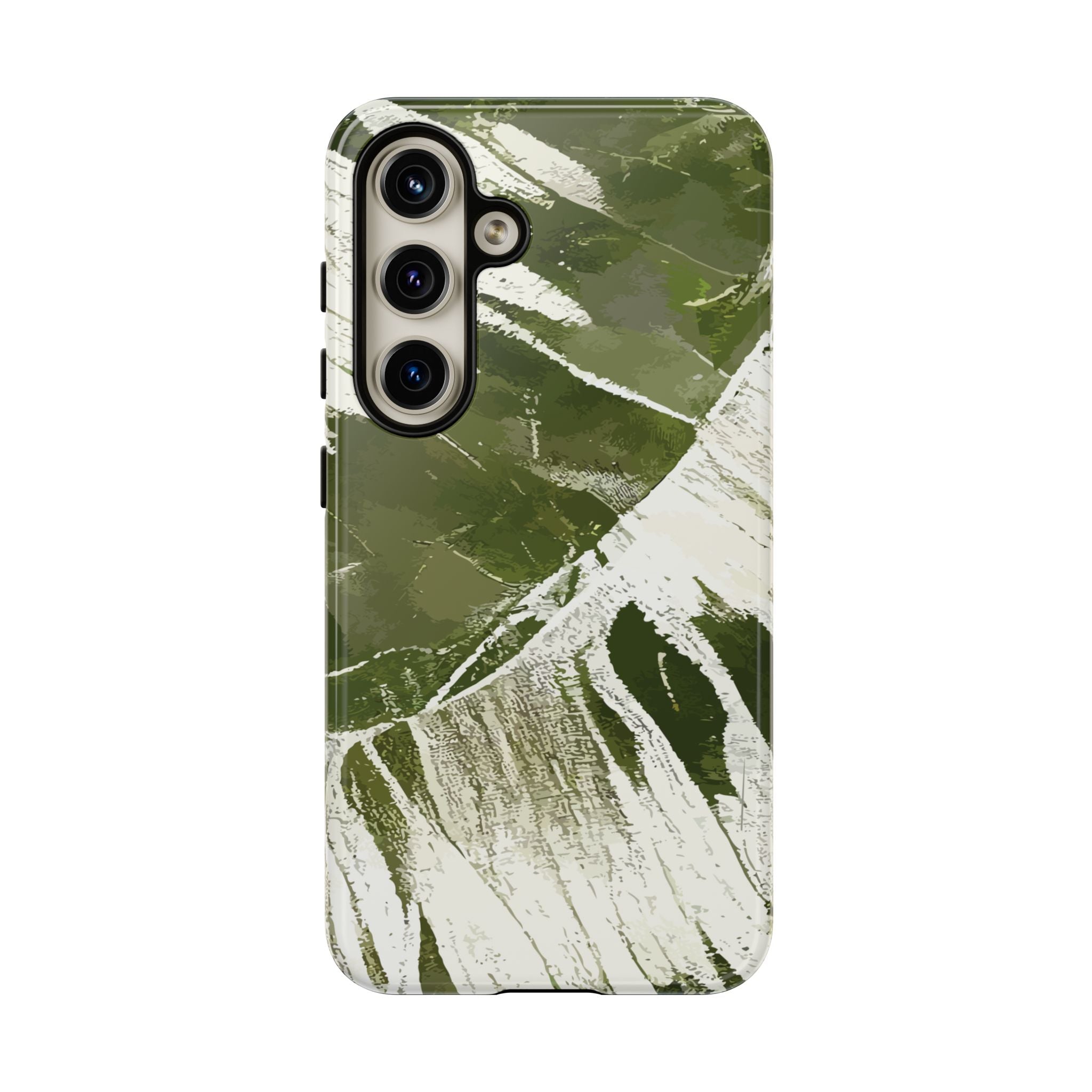Woman holding Island Breeze Tough Samsung Galaxy Case - Hawaiian Palm Leaf Olive Green Botanical Design - The Local Banyan