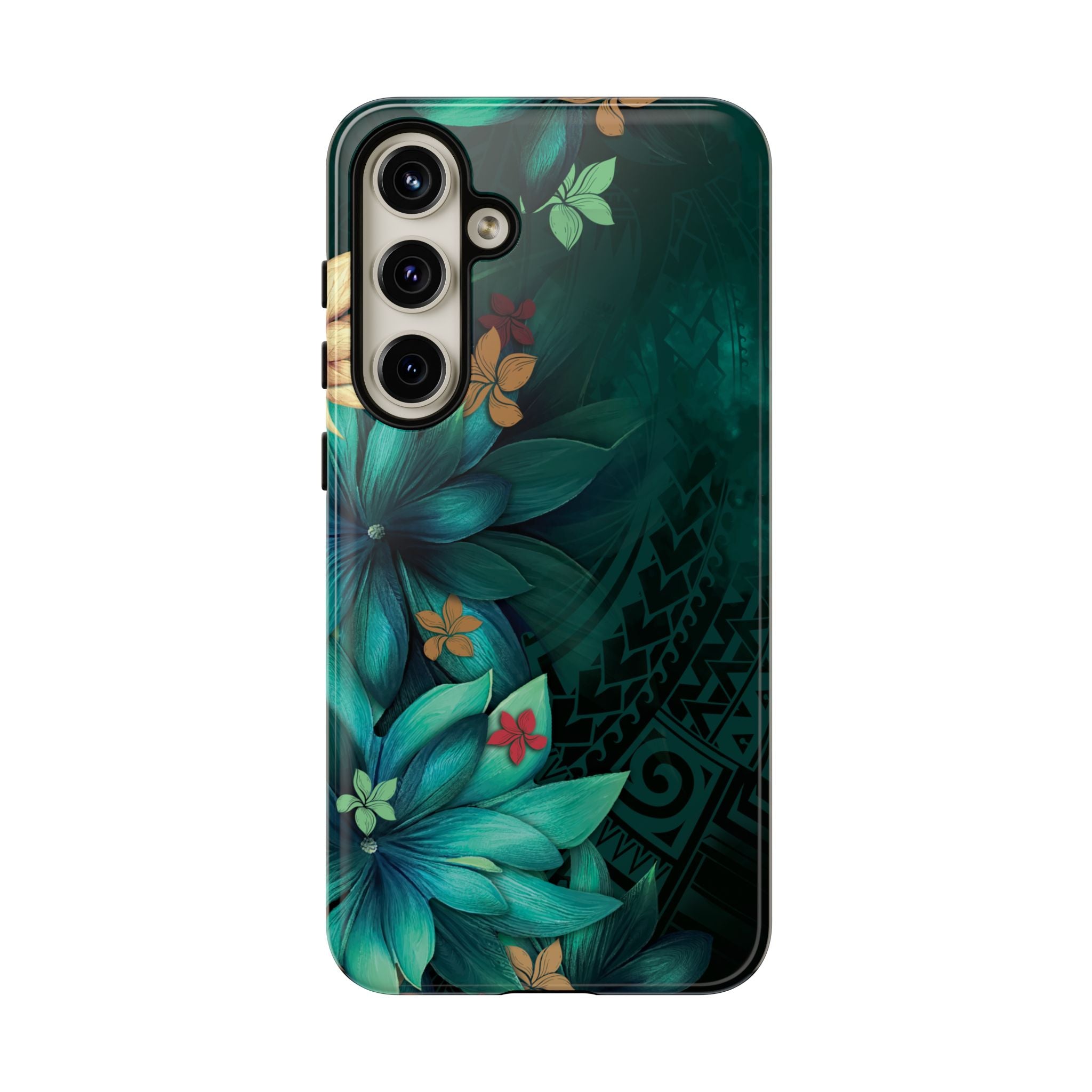 Aloha Whispers Tough Samsung Galaxy Case Detail View - Hawaiian Abstract Green Floral Polynesian Design Close Up - The Local Banyan