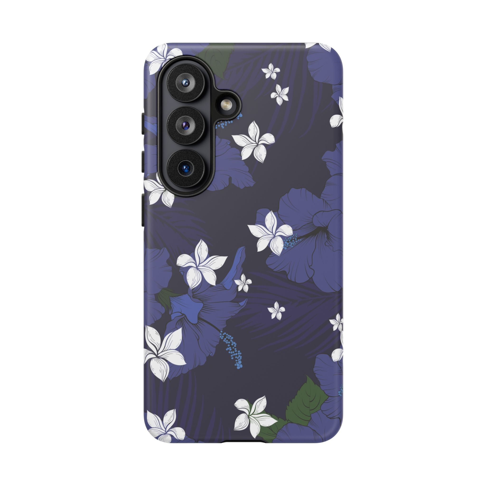 Woman holding Vintage Blue Tough Samsung Galaxy Case - Hawaiian Indigo Hibiscus White Plumeria Design - The Local Banyan