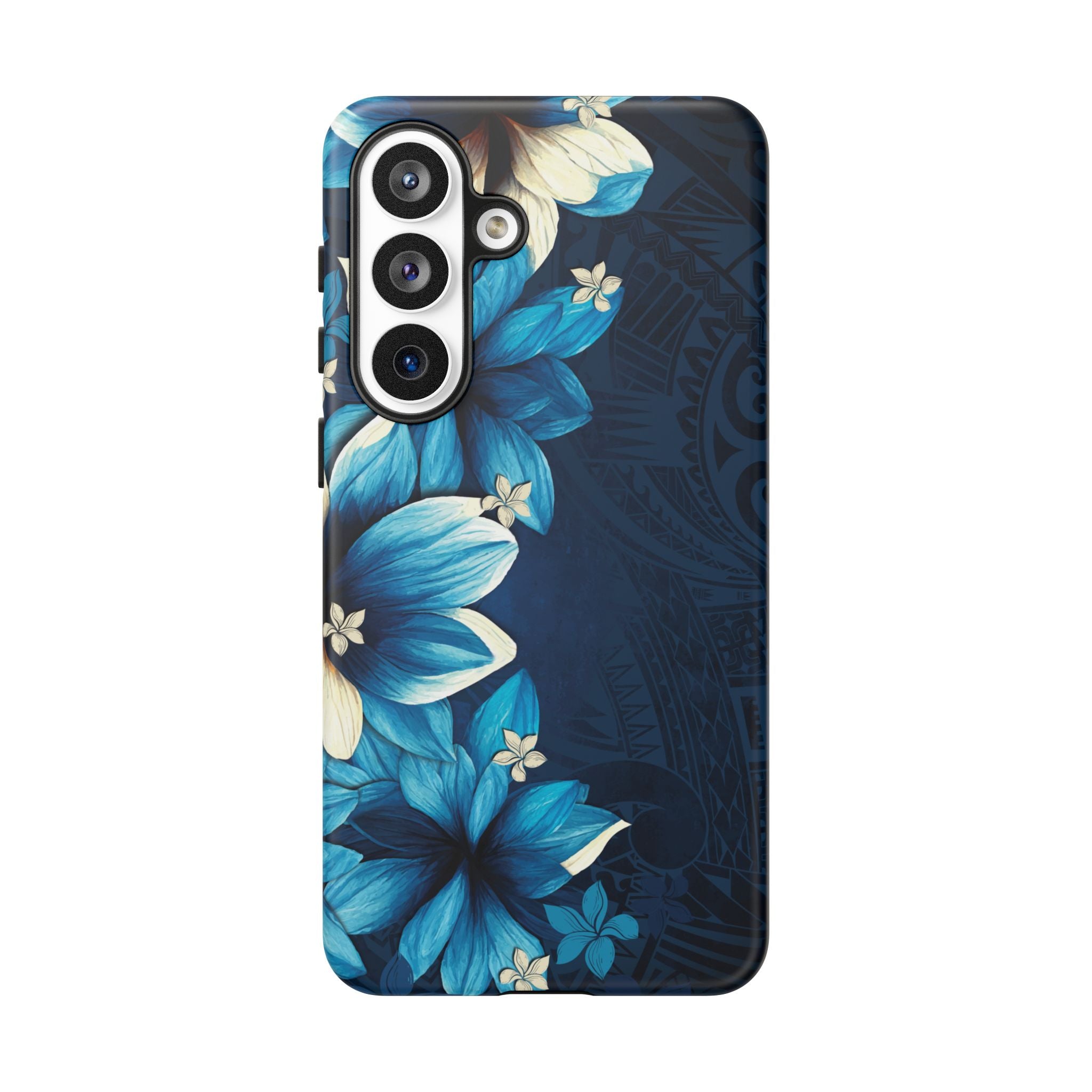 Woman holding Leilani Nights Tough Samsung Galaxy Case - Hawaiian Dark Blue Floral Polynesian Design - The Local Banyan