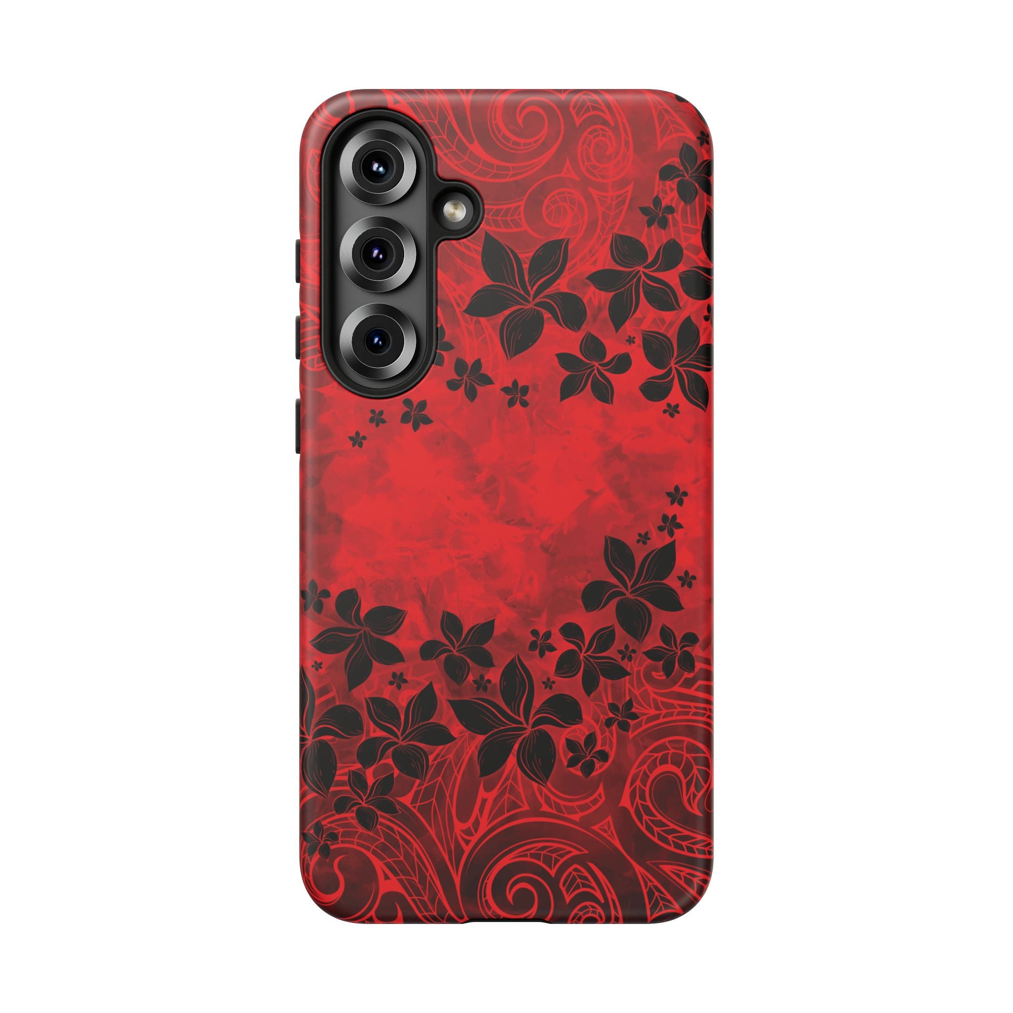 Woman holding Keahi Pua Tough Samsung Galaxy Case - Hawaiian Fire Flower Red Tribal Floral Design - The Local Banyan
