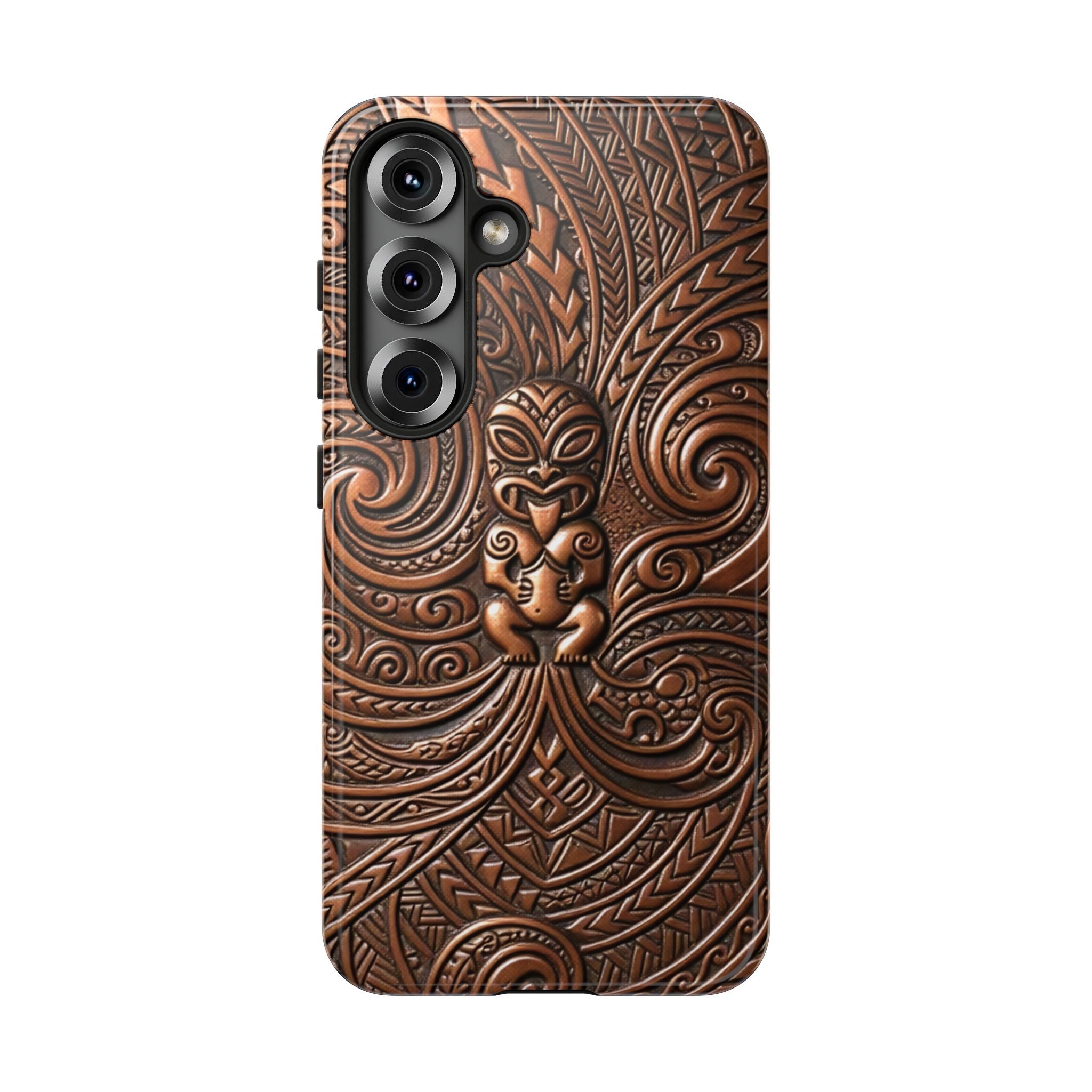 Paa Guardian Tough Samsung Galaxy Case Detail View - Hawaiian Copper Carved Tiki Polynesian Design Close Up - The Local Banyan