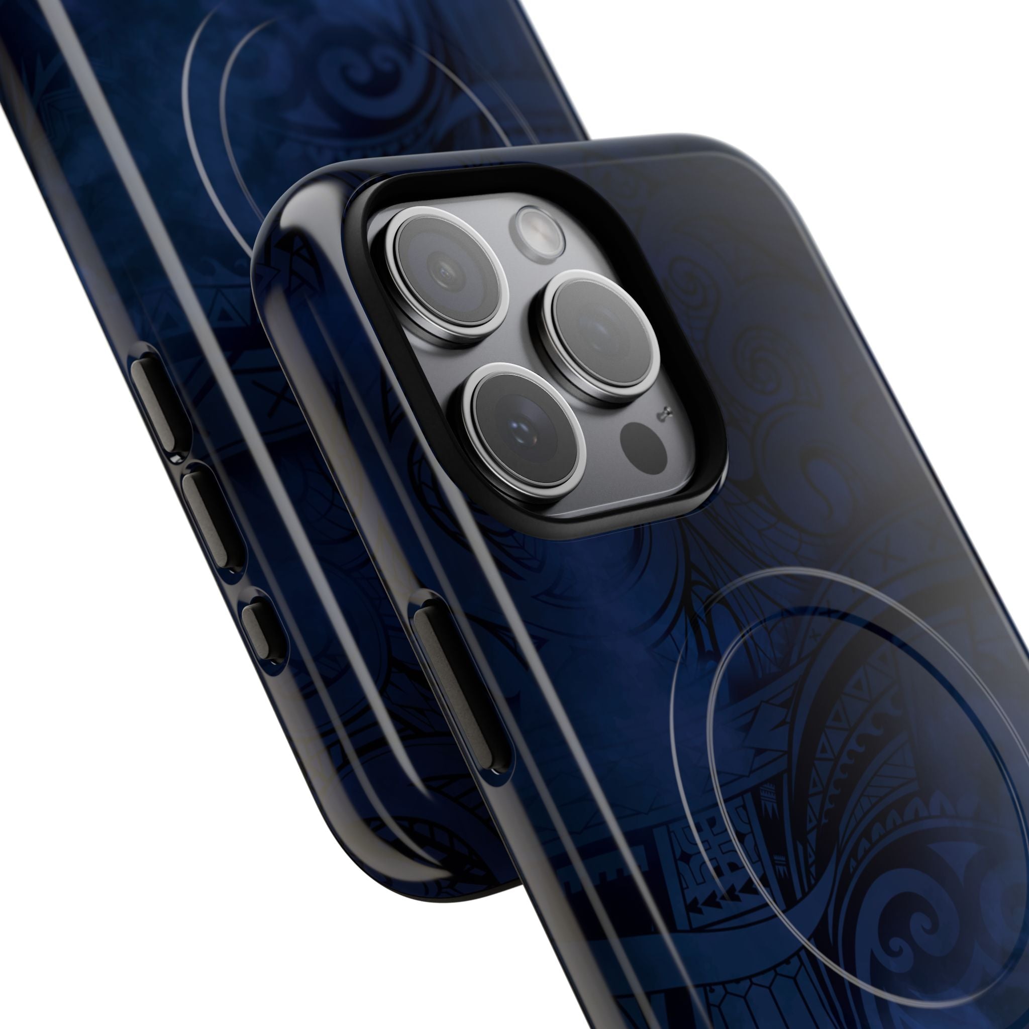 Midnight Essence MagSafe iPhone Case Detail View - Hawaiian Midnight Navy Polynesian Tribal Design Close Up - The Local Banyan