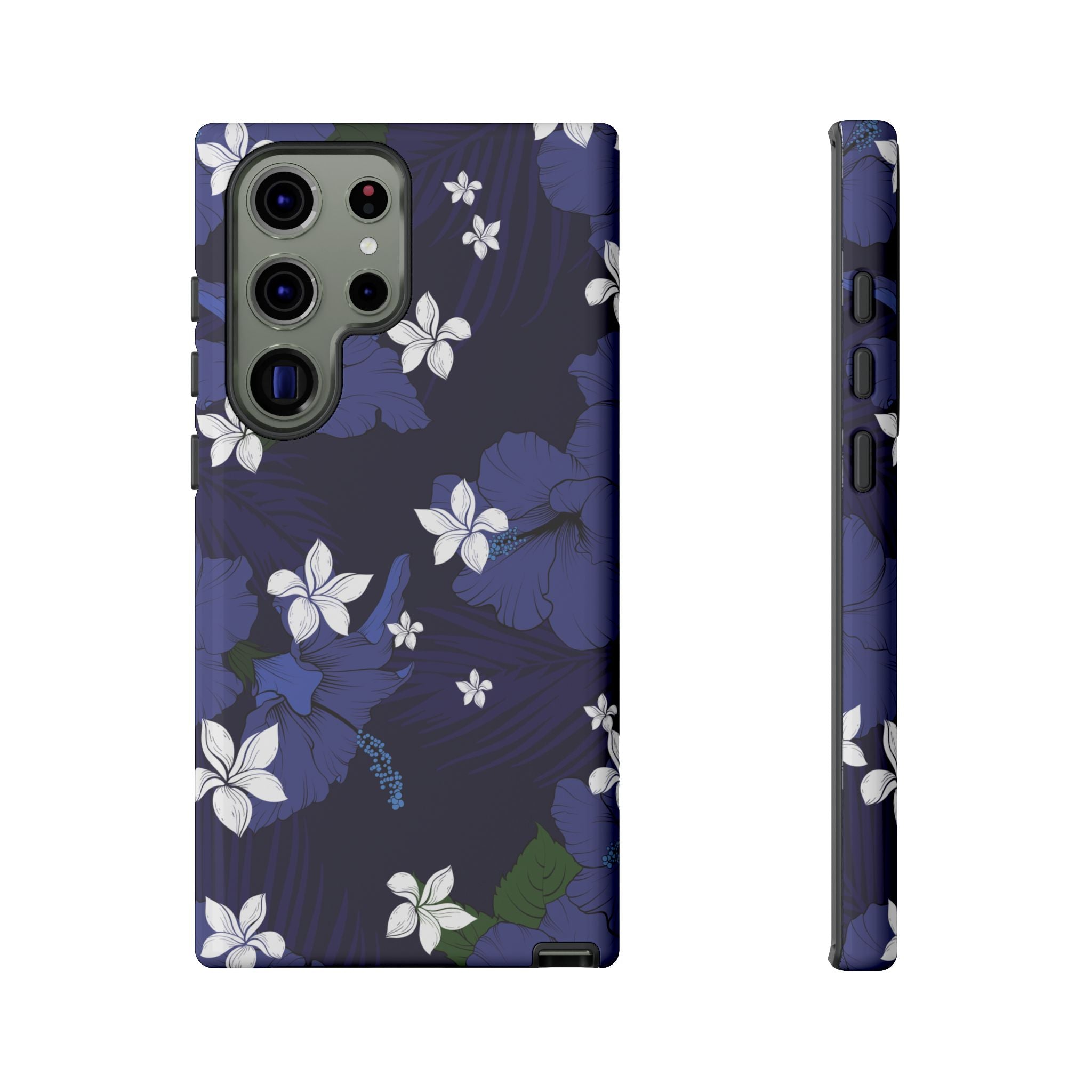 Woman holding Vintage Blue Tough Samsung Galaxy Case - Hawaiian Indigo Hibiscus White Plumeria Design - The Local Banyan